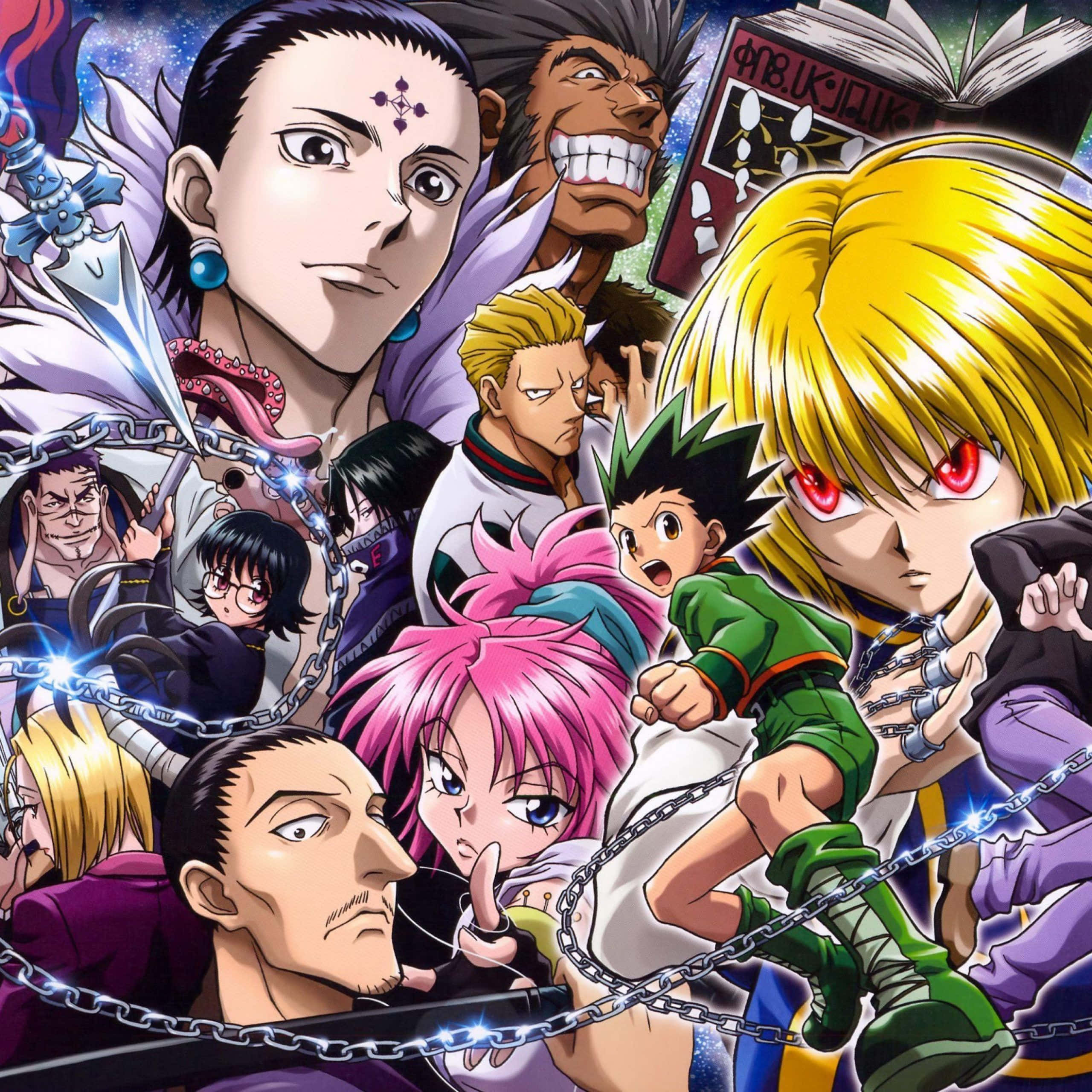 動漫角色 桌布 壁紙 — 來自《Hunter x Hunter》的動態動漫角色，在宇宙背景下以發光的鎖鏈交鋒。