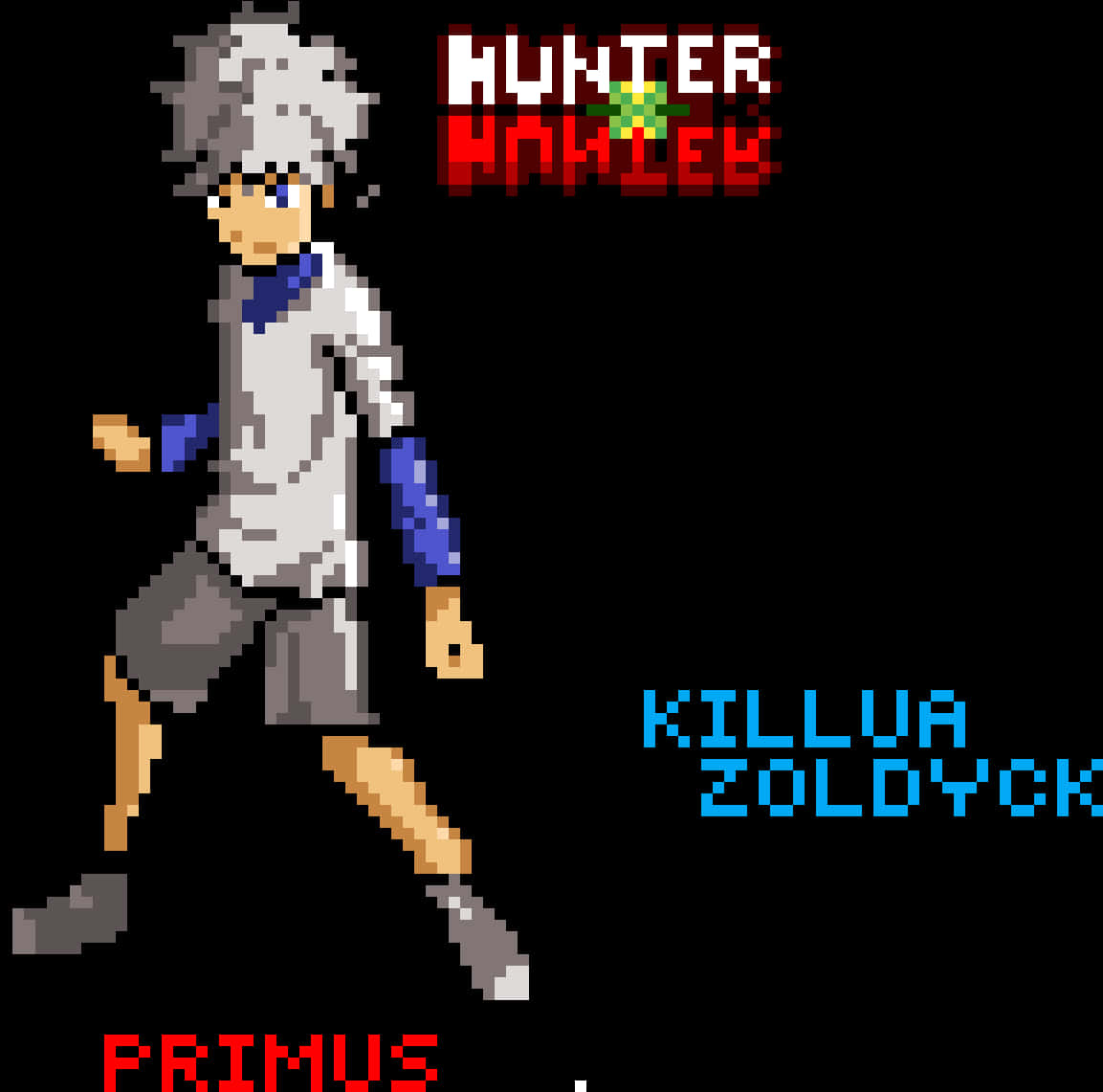 奇犽 桌布 壁紙 — 來自《Hunter x Hunter》的像素藝術角色奇犽·揍敵客在黑色背景前以奔跑姿勢呈現，並附有遊戲標題文字。