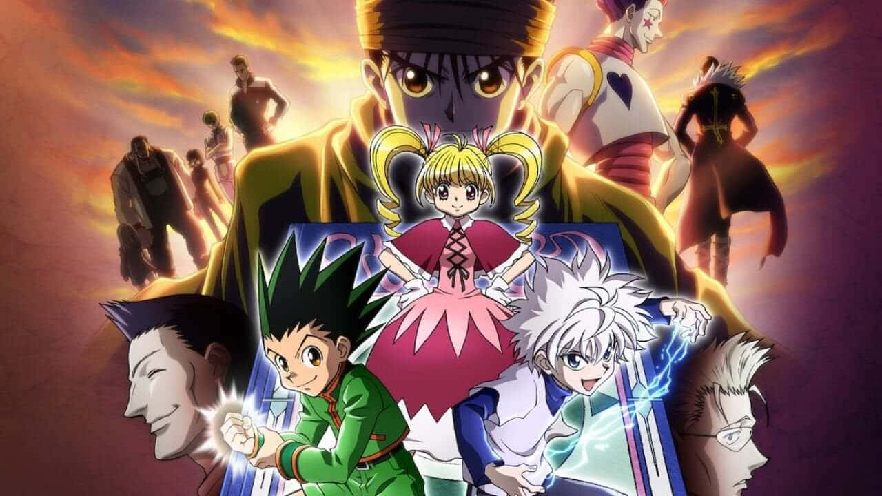 Shonen Anime 桌布 壁紙 — 來自《Hunter x Hunter》的動態動漫角色在戲劇性燈光下，英勇地站在熾熱的日落天空前。