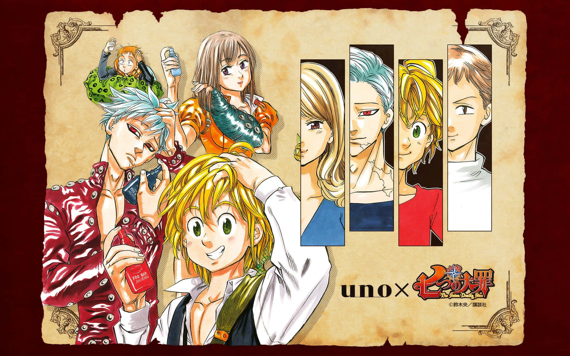力量強大的黛安揮舞巨錘吉迪恩 壁紙 — 來自《Hunter x Hunter》的鮮豔動漫角色在帶有Uno品牌標誌的舊羊皮紙上動態擺姿勢。