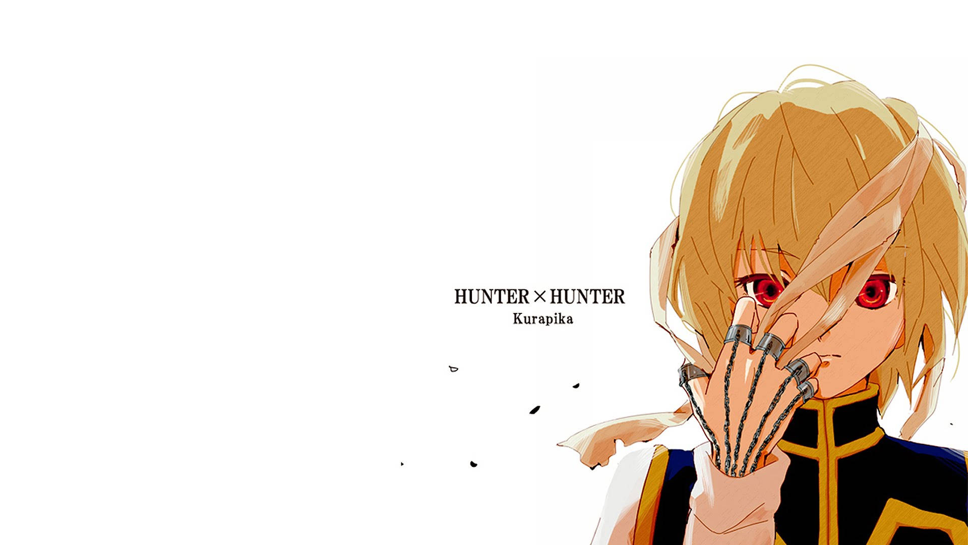 酷拉皮卡 桌布 壁紙 — 來自《Hunter x Hunter》的動畫角色酷拉皮卡，紅色的眼睛和爪狀的手遮住半邊臉，背景為純白色。