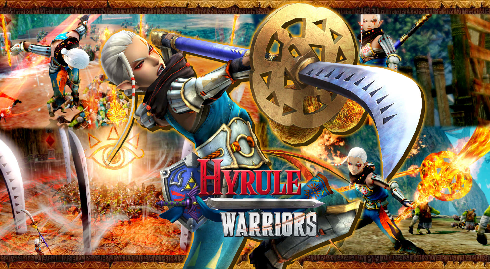 The Legend Of Zelda Hyrule 桌布 壁紙 — 來自《Hyrule Warriors》的動態動畫風格戰鬥場景，裝甲戰士在火焰爆炸和奇幻景觀中揮舞巨型武器。