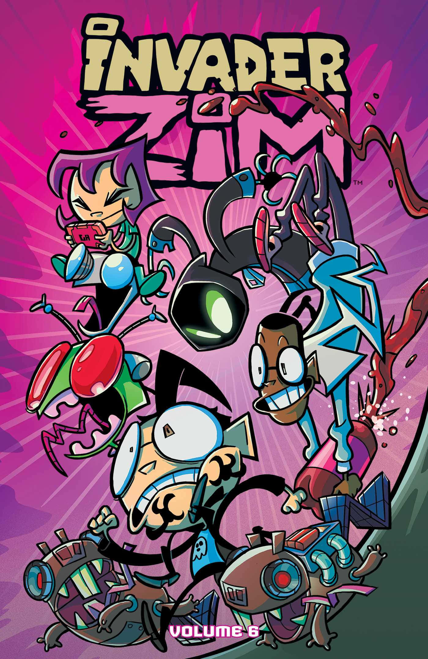 Invader Zim 桌布 壁紙 — 來自《Invader Zim》的鮮豔卡通角色在脈動的粉紅色背景上展開混亂的戰鬥。