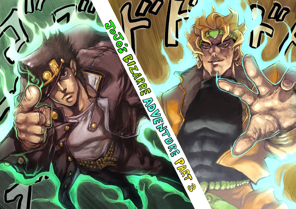 承太郎 桌布 壁紙 — 來自《JoJo的奇妙冒險 Part 3》的兩個動漫角色以強烈的表情釋放出強大的綠色和藍色能量。