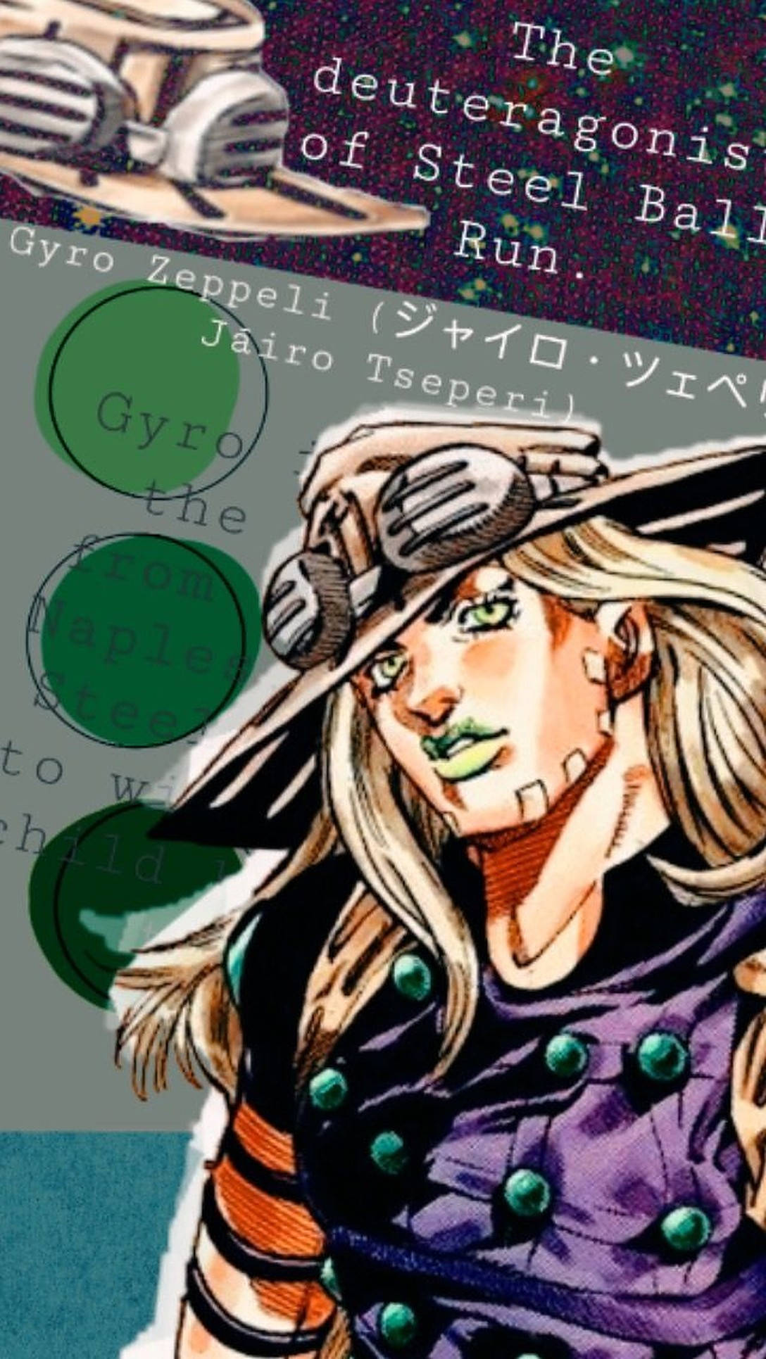 Gyro Zeppeli 桌布 壁紙 — 來自《JoJo的奇妙冒險》的Gyro Zeppeli的充滿活力的動漫風格插圖，綠色眼睛和紫色外套，背景充滿文字。