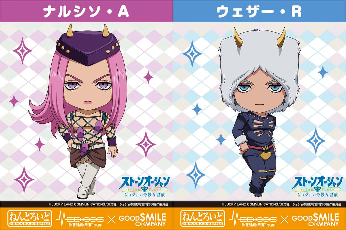 Narciso Anasui 桌布 壁紙 — 來自《JoJo的奇妙冒險》的兩個Q版動漫角色，帶有角和星形格紋背景。