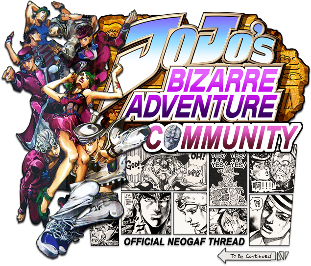 Jojo 桌布 壁紙 — 來自《JoJo的奇妙冒險》的動態動漫角色在粗體漫畫風格標題文字周圍英勇地擺姿勢。
