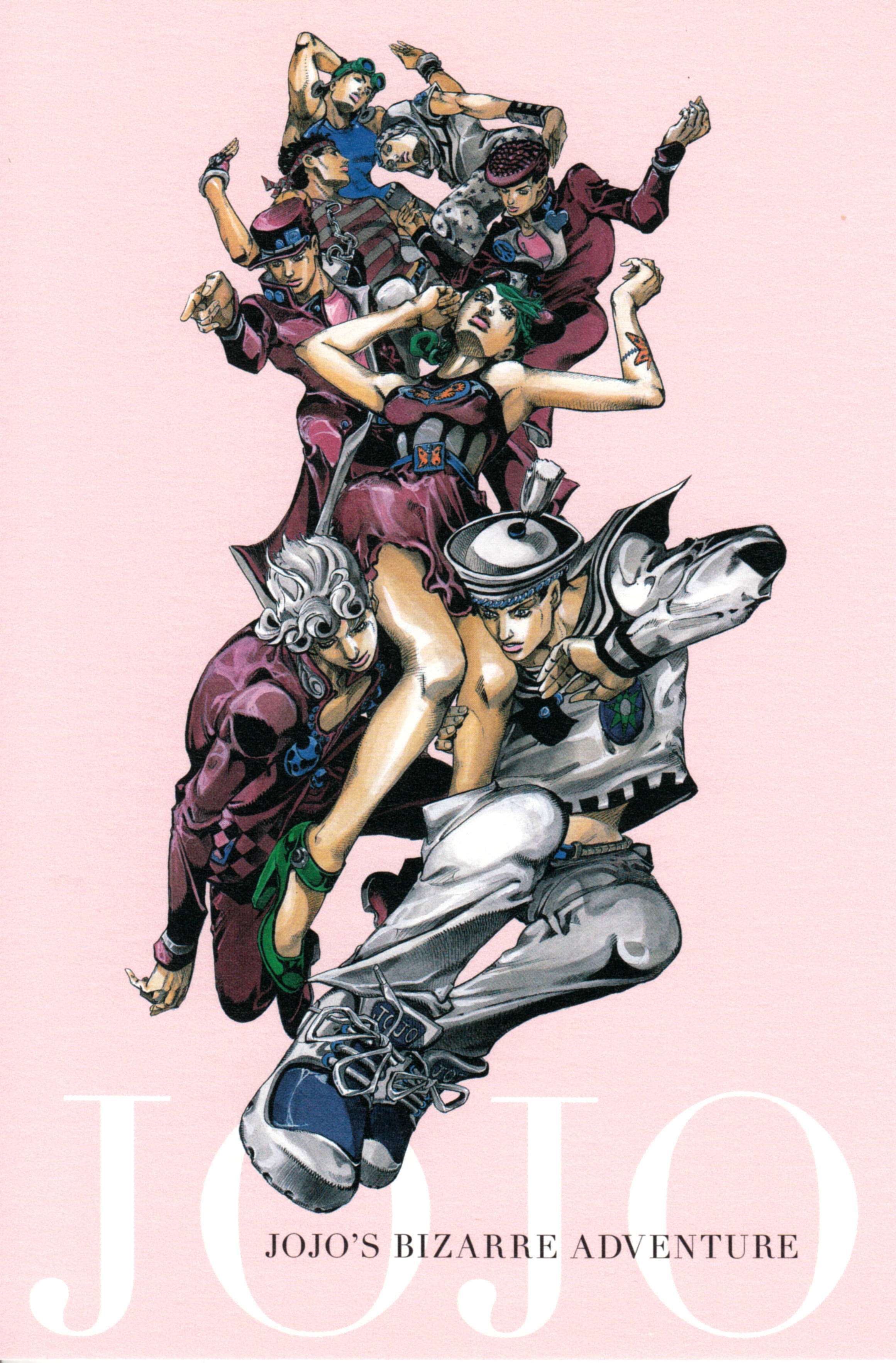 Johnny Joestar 桌布 壁紙 — 來自《JoJo的奇妙冒險》的動態動漫角色在柔和的粉紅色背景上充滿活力地擺出姿勢。