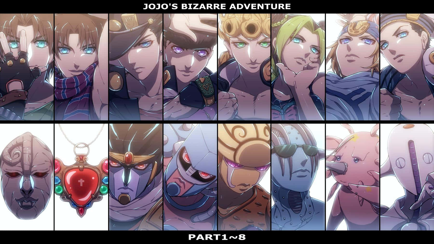 Jonathan Joestar 桌布 壁紙 — 來自《JoJo的奇妙冒險》的動畫角色網格，帶有強烈的表情和獨特的配件。