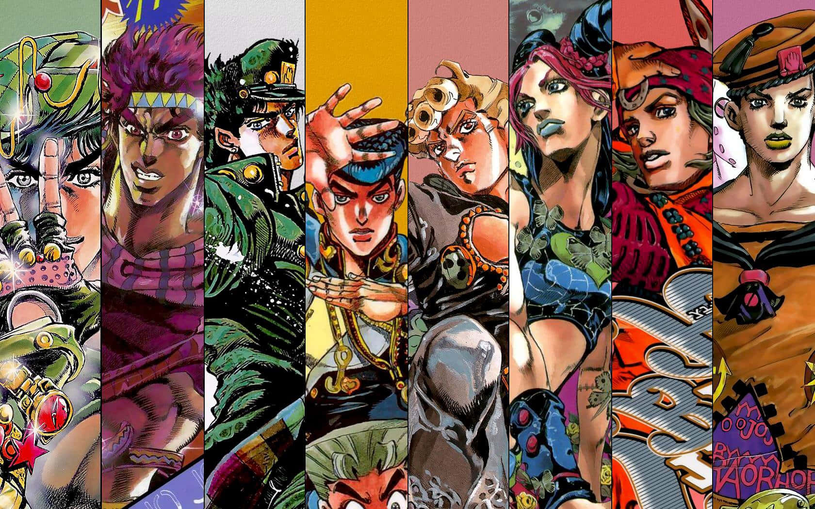 Jojo 桌布 壁紙 — 來自《JoJo的奇妙冒險》的鮮豔動漫角色，以大膽的垂直面板、動態姿勢和鮮明色彩呈現。