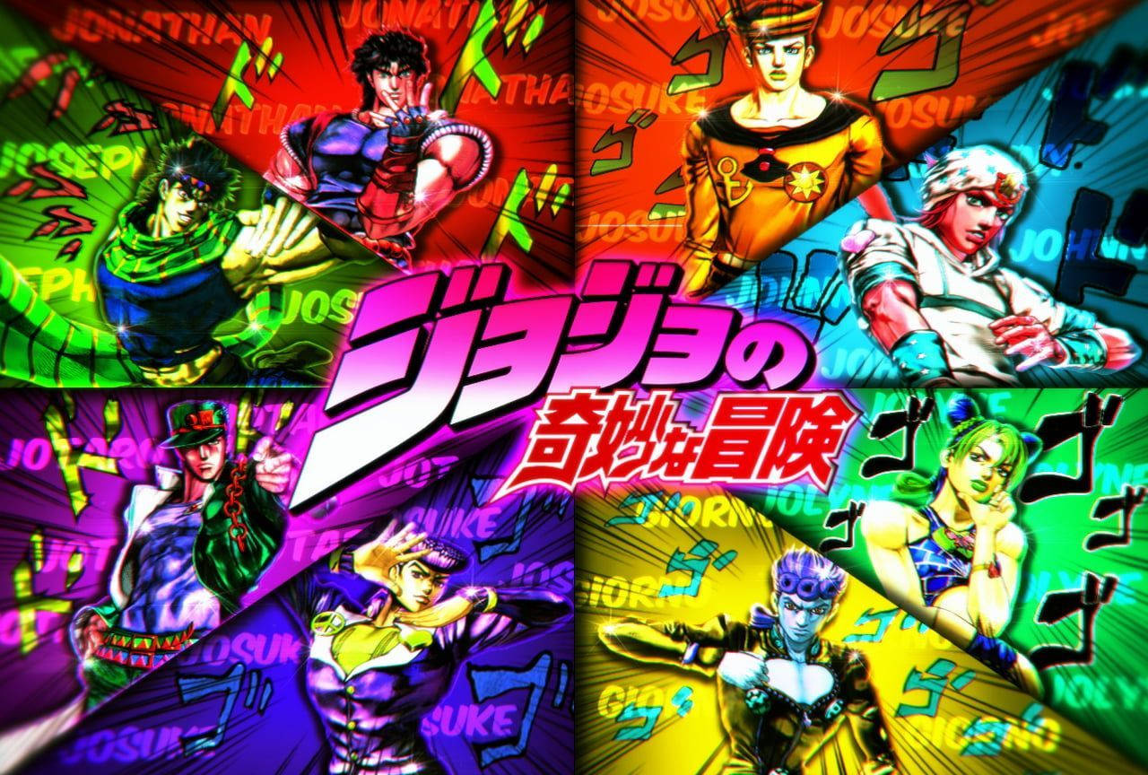 Johnny Joestar 桌布 壁紙 — 來自《JoJo的奇妙冒險》的鮮豔動漫角色，在帶有日文字幕的爆炸性彩色背景前動態擺姿勢。