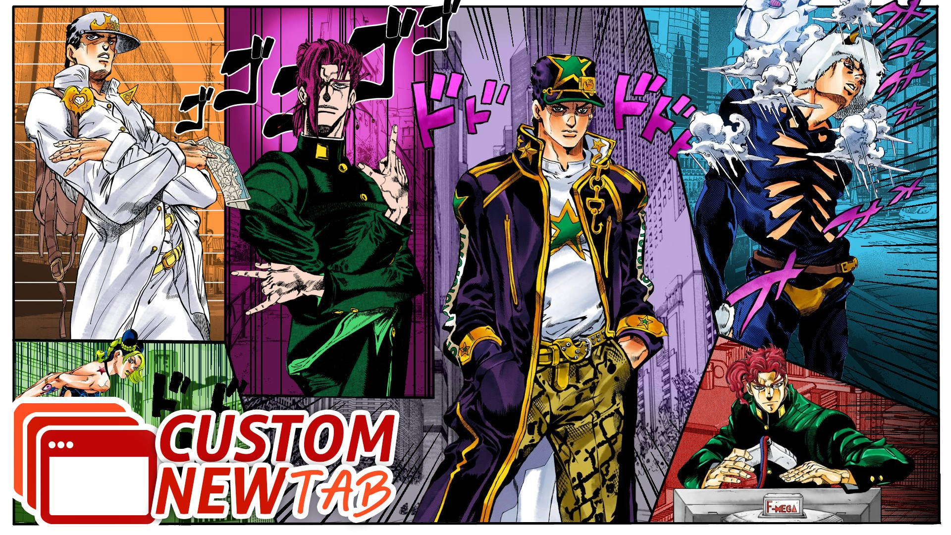 adventure 桌布 壁紙 — 來自《JoJo的奇妙冒險》的鮮豔動畫角色在風格化的城市背景下動態擺姿勢，並帶有醒目的漫畫音效。