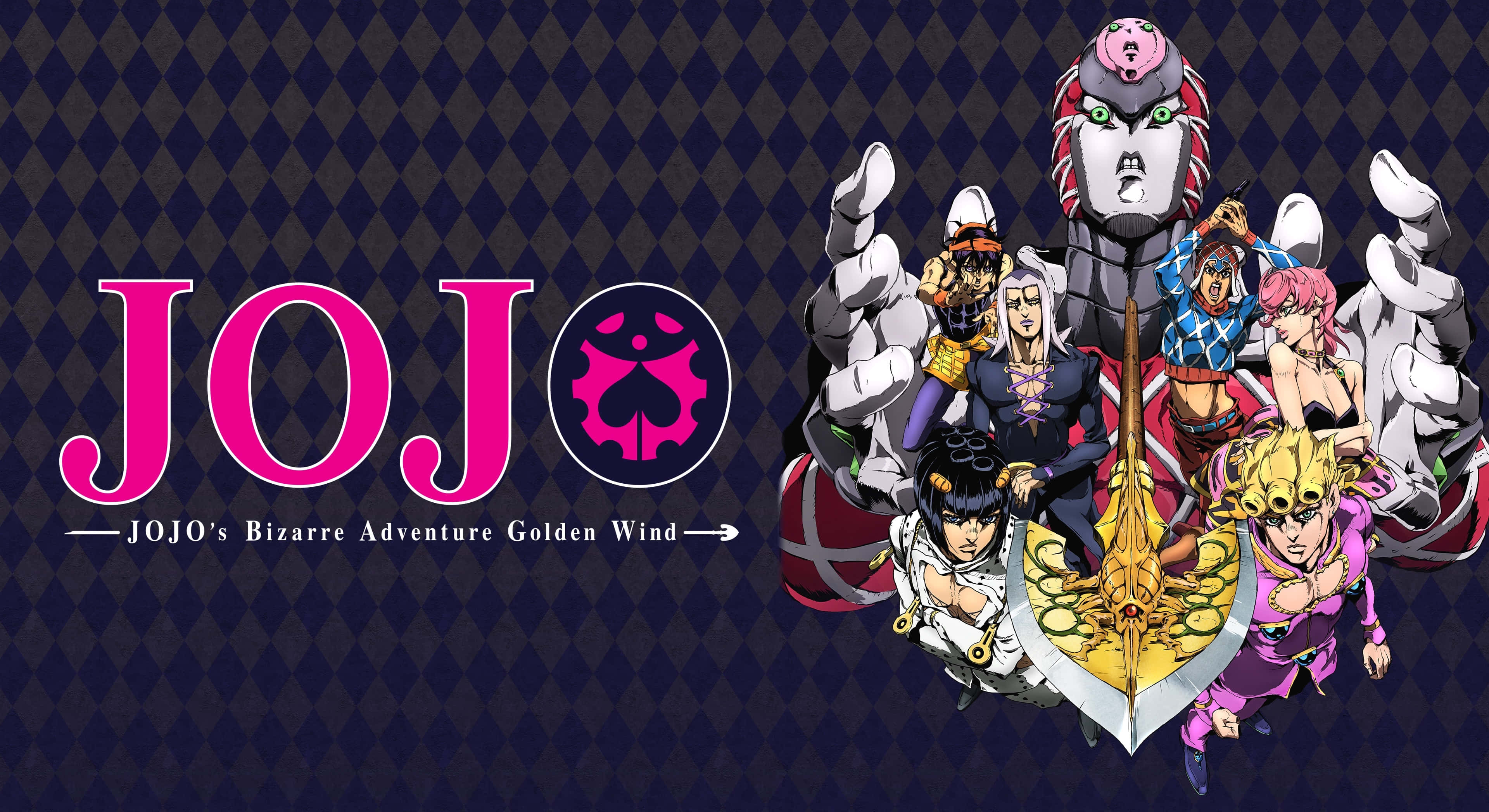Golden Wind 桌布 壁紙 — 來自《JoJo的奇妙冒險 黃金之風》的大膽動畫角色在深色格紋背景上以粉紅色標題文字動態擺姿勢。