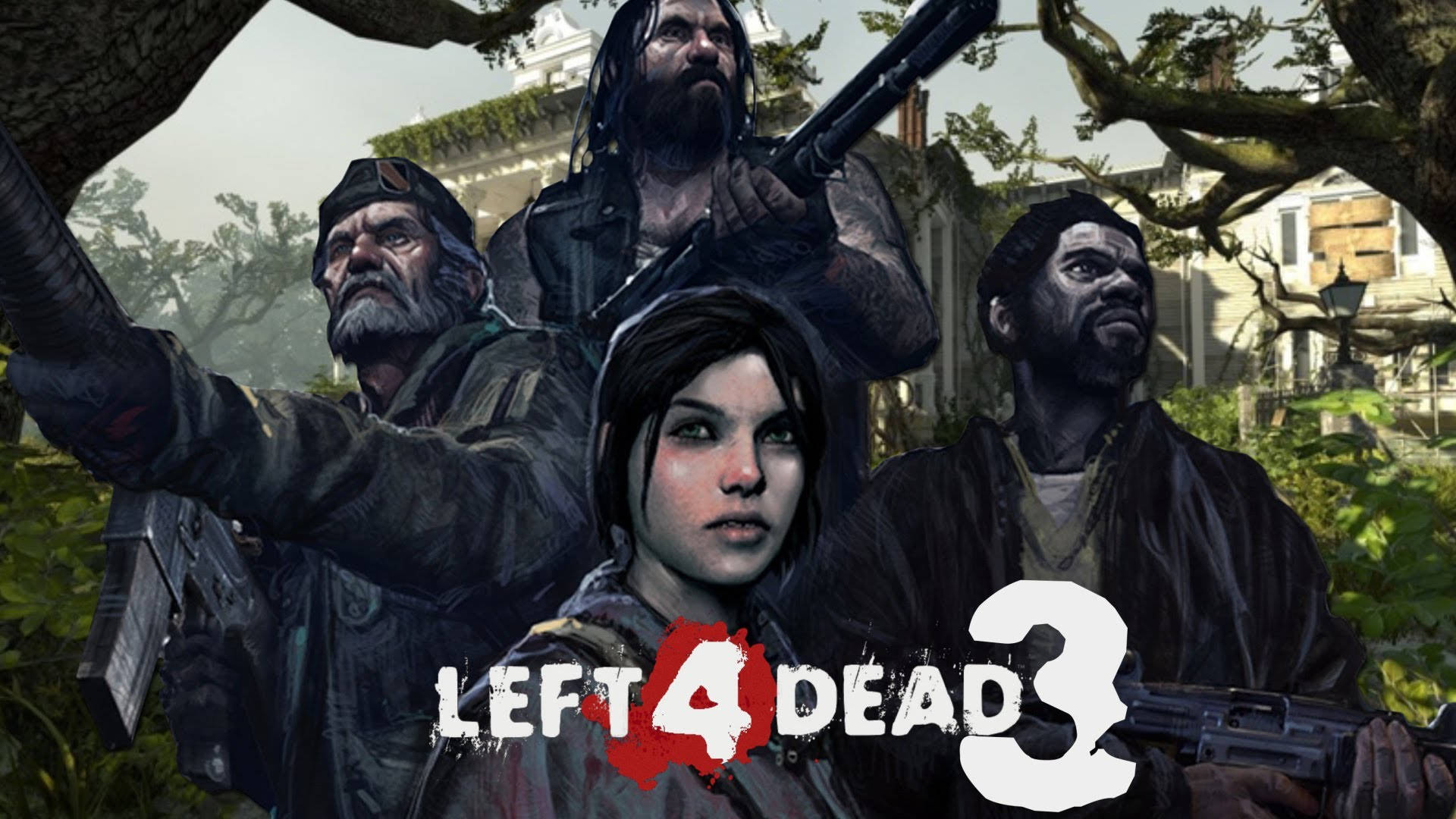 dead 桌布 壁紙 — 來自《Left 4 Dead 3》的四名武裝倖存者緊張地站在雜草叢生的郊區庭院中，武器已拔出。