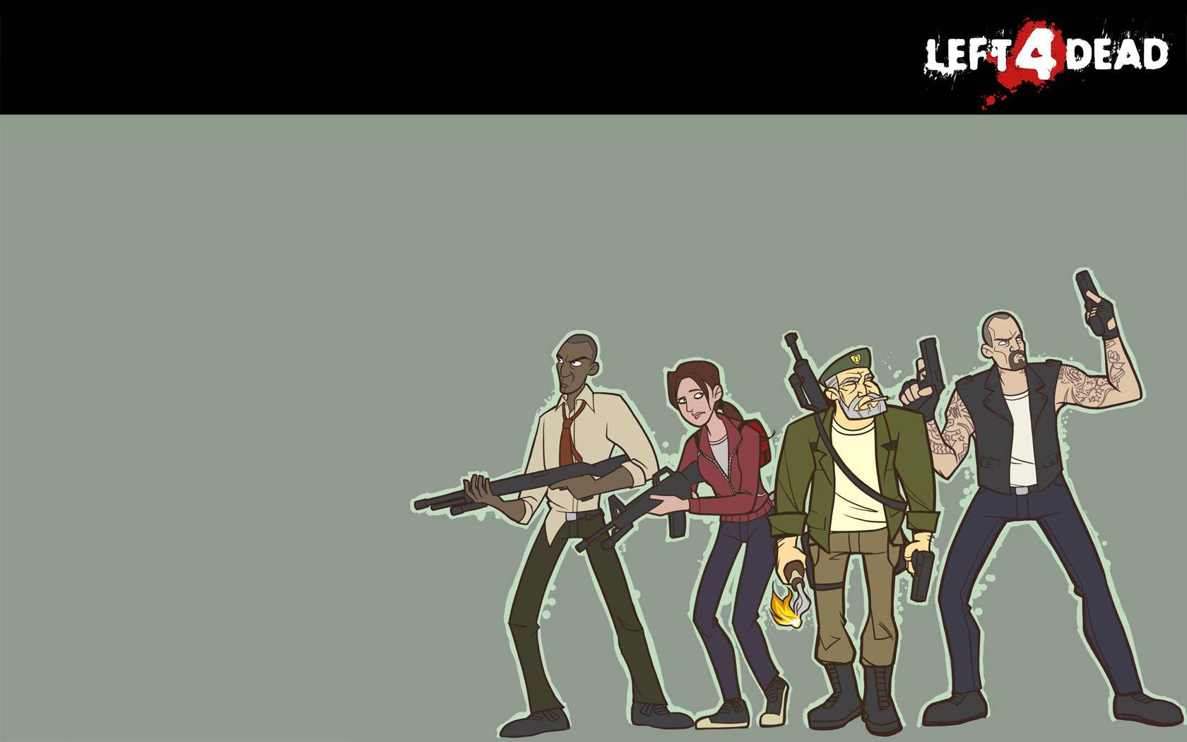 dead 桌布 壁紙 — 來自《Left 4 Dead》的四名插圖倖存者手持武器，在純灰色背景前準備就緒。