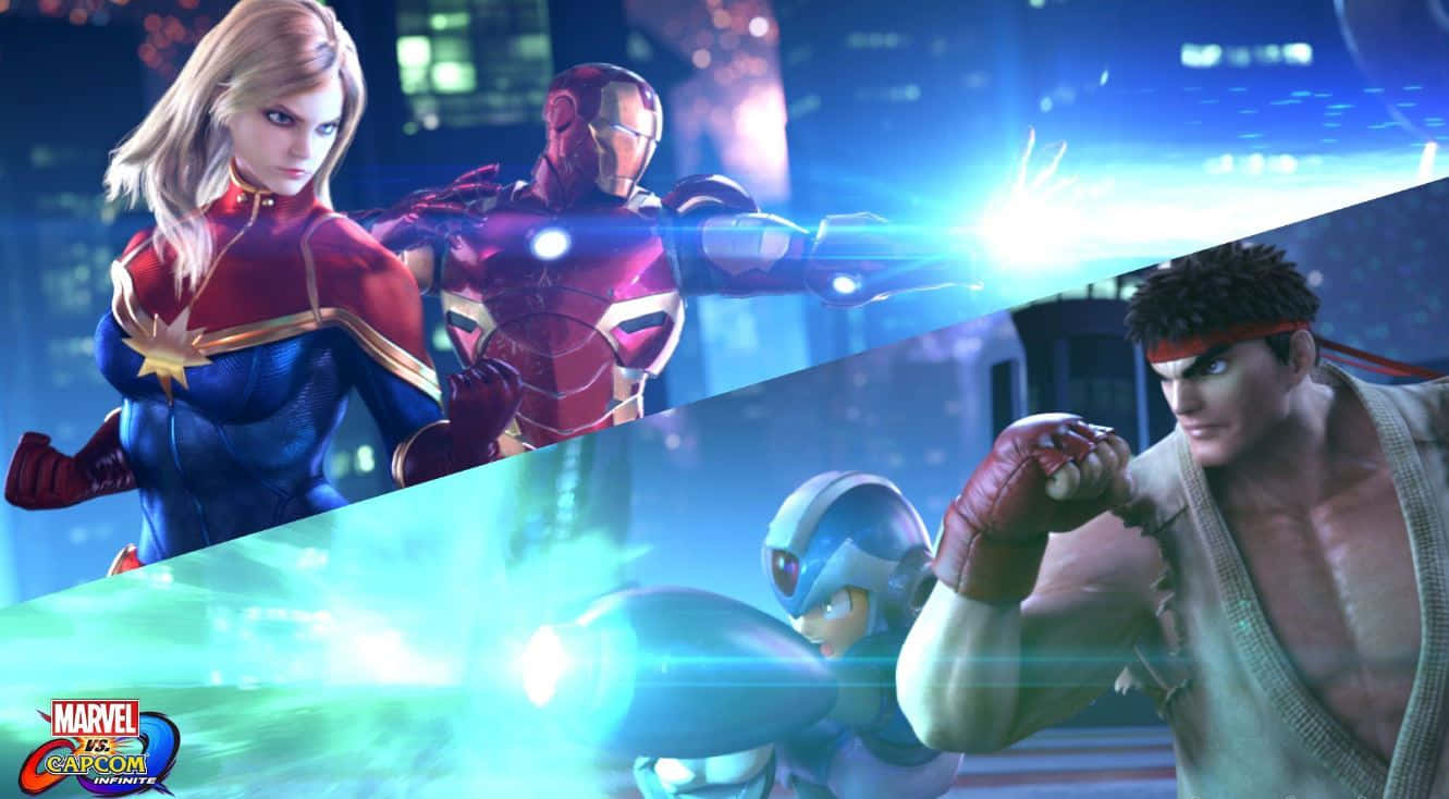 Marvel Vs Capcom Characters 桌布 壁紙 — 來自 Marvel vs Capcom Infinite 的動態漫畫風格戰鬥場景， featuring Captain Marvel、Iron Man 和 Ryu。