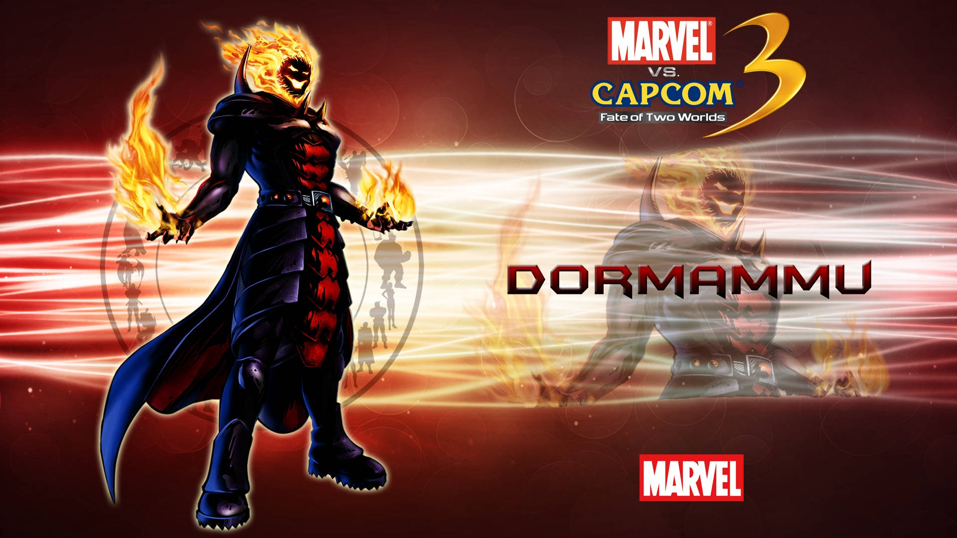 Capcom 桌布 壁紙 — 來自 Marvel vs. Capcom 3 的多瑪姆，雙手燃燒火焰，在耀眼的紅金色宇宙背景下威嚴站立。