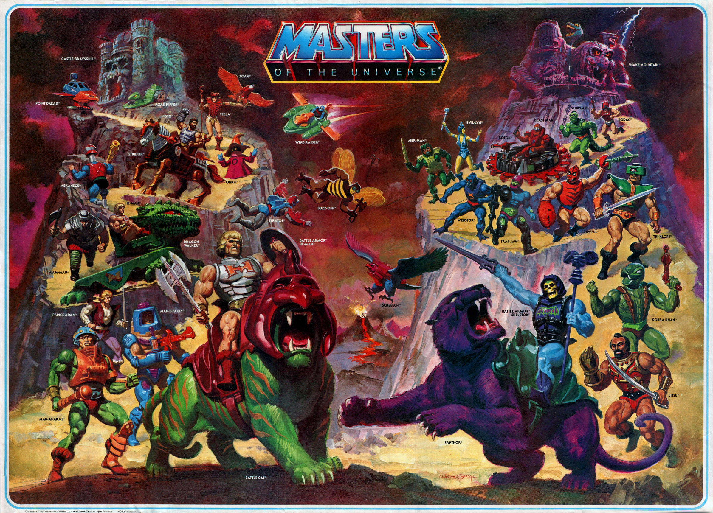 he man 桌布 壁紙 — 來自《Masters of the Universe》的鮮豔插圖戰鬥場景，描繪 He-Man 和 Skeletor 與他們的軍隊在對峙的懸崖上。