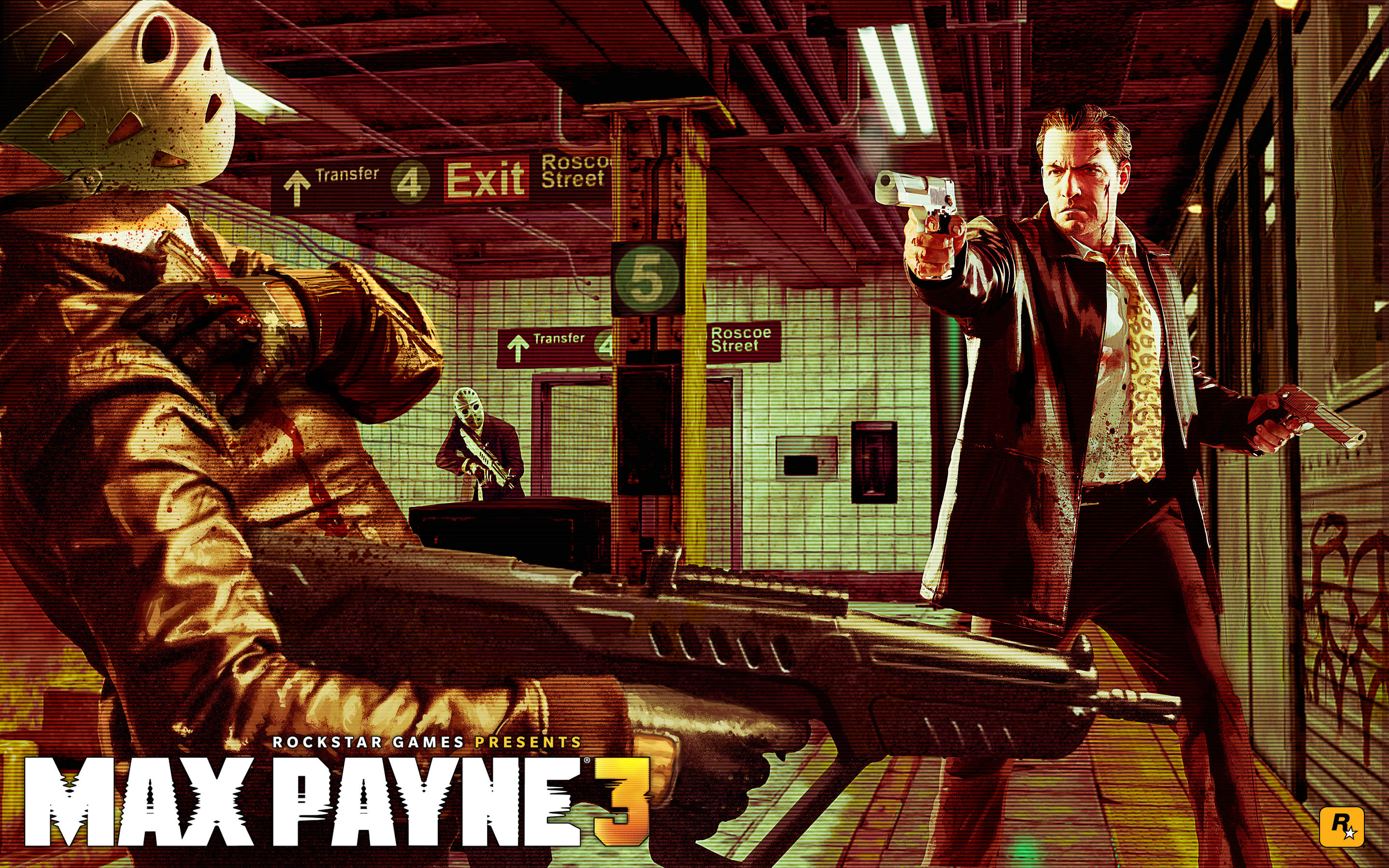 麥斯·潘恩 桌布 壁紙 — 來自 Max Payne 3 的 gritty 地鐵站場景，展示一名蒙面槍手和一名西裝男子瞄準手槍。