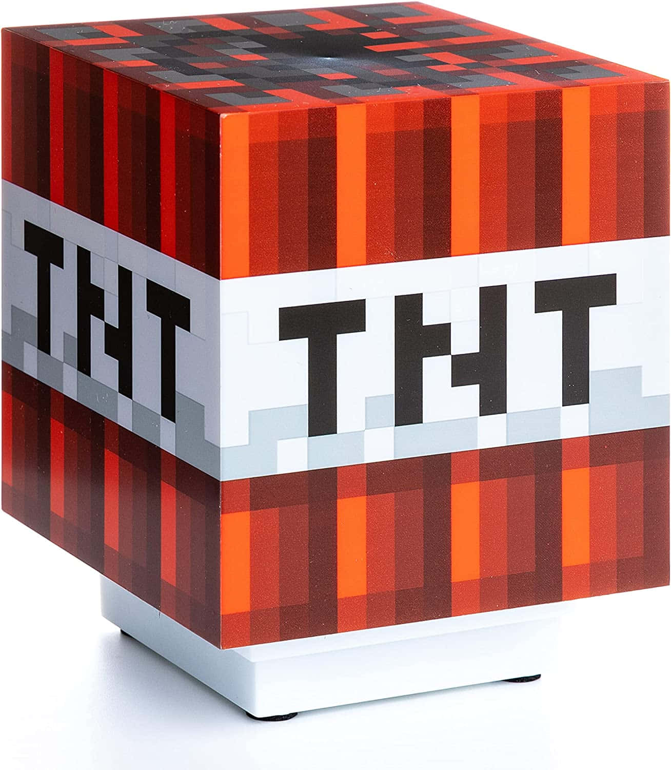 我的世界 TNT 桌布 壁紙 — 來自 Minecraft 的像素化紅色和橙色 TNT 方塊，白色帶上有粗體黑色文字。