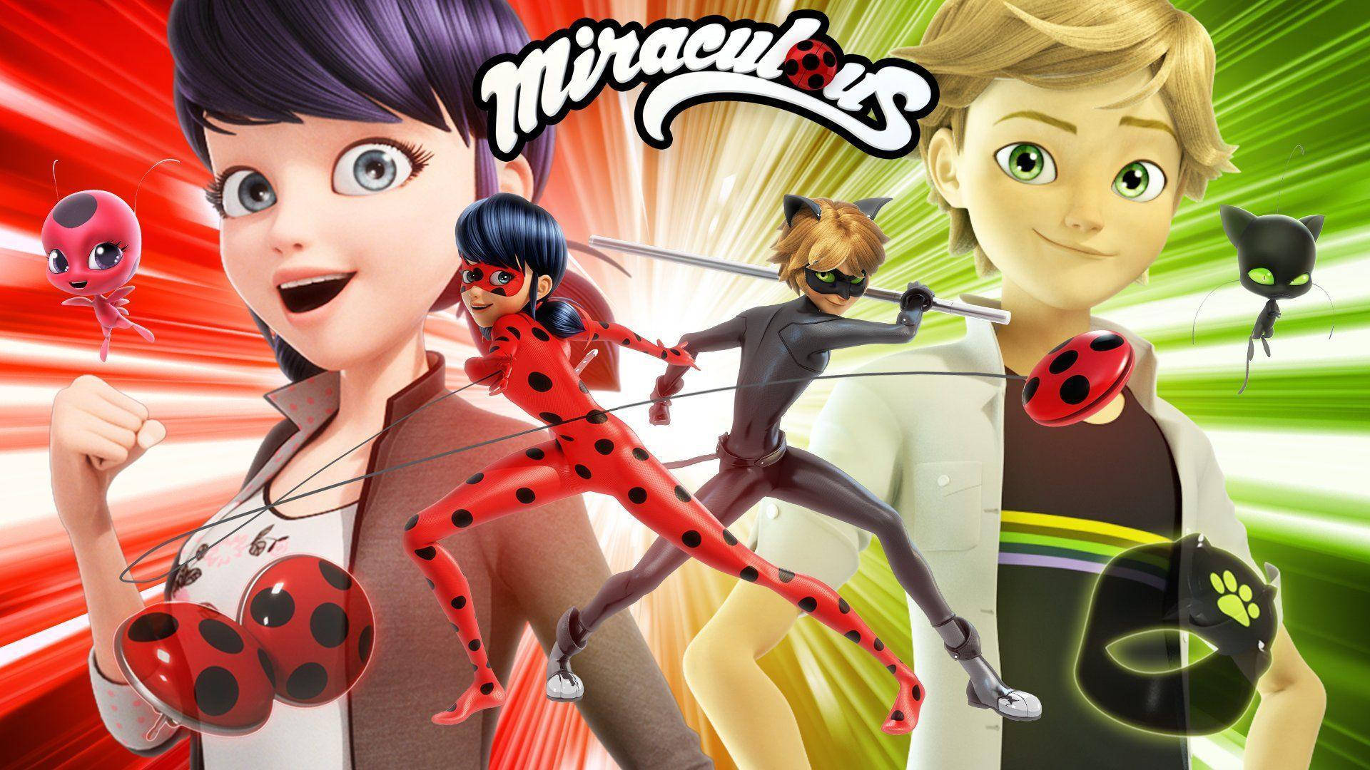 瓢蟲少女 桌布 壁紙 — 來自 Miraculous 的充滿活力的動漫角色在紅色和綠色的能量爆發背景下躍入行動。