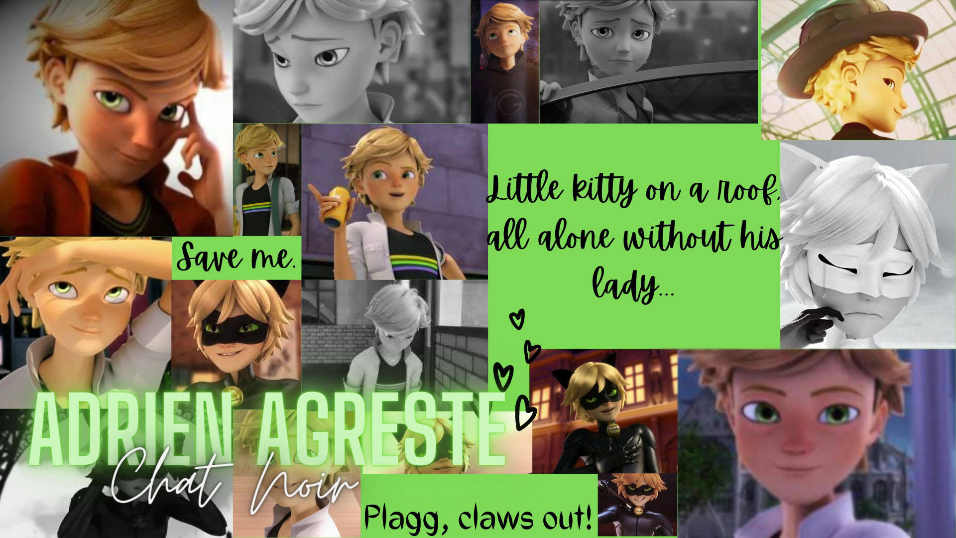 Adrien 桌布 壁紙 — 來自《Miraculous》系列、動畫角色Adrien Agreste各種表情和場景的鮮明拼貼畫。