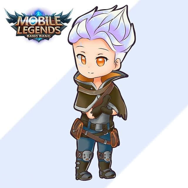 Mobile Legends 動態圖 桌布 壁紙 — 來自《Mobile Legends Bang Bang》的Q版角色，擁有尖刺紫色頭髮和橙色眼睛，穿著盔甲自信地站在淺藍色對角線背景前。