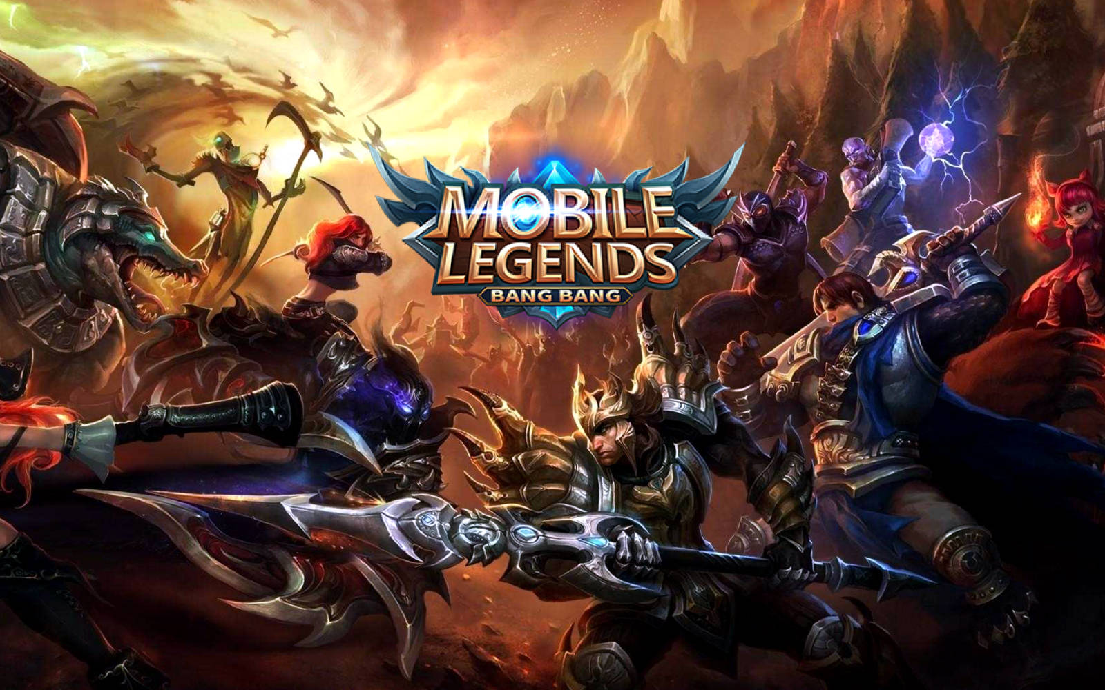 mobile legends logo 桌布 壁紙 — 來自《Mobile Legends Bang Bang》的動態戰鬥場景，描繪了身穿盔甲的英雄與神話生物在熾熱的幻想景觀中戰鬥。
