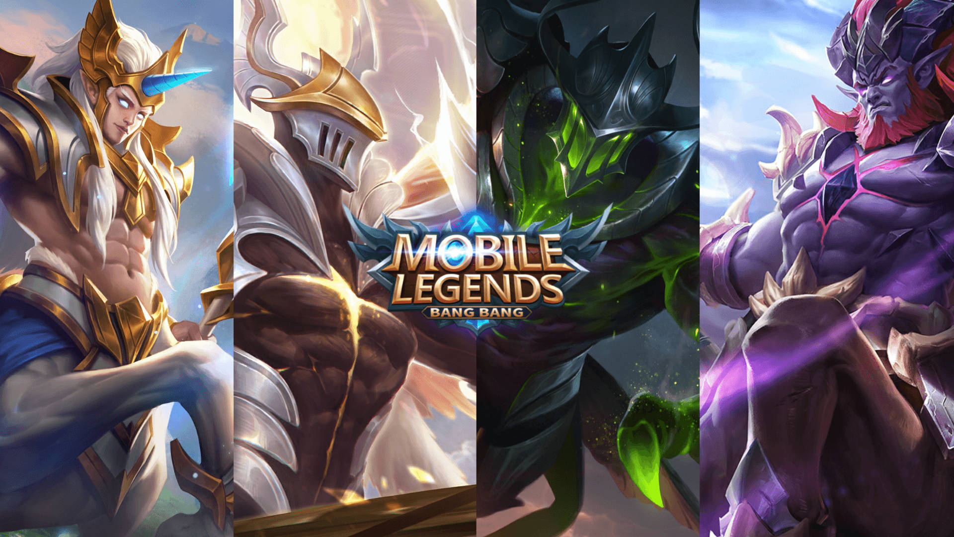mobile legends logo 桌布 壁紙 — 來自《Mobile Legends Bang Bang》的四位史詩級奇幻英雄，手持發光武器，身穿華麗盔甲，在充滿活力的戰鬥背景前擺出戲劇性的姿勢。