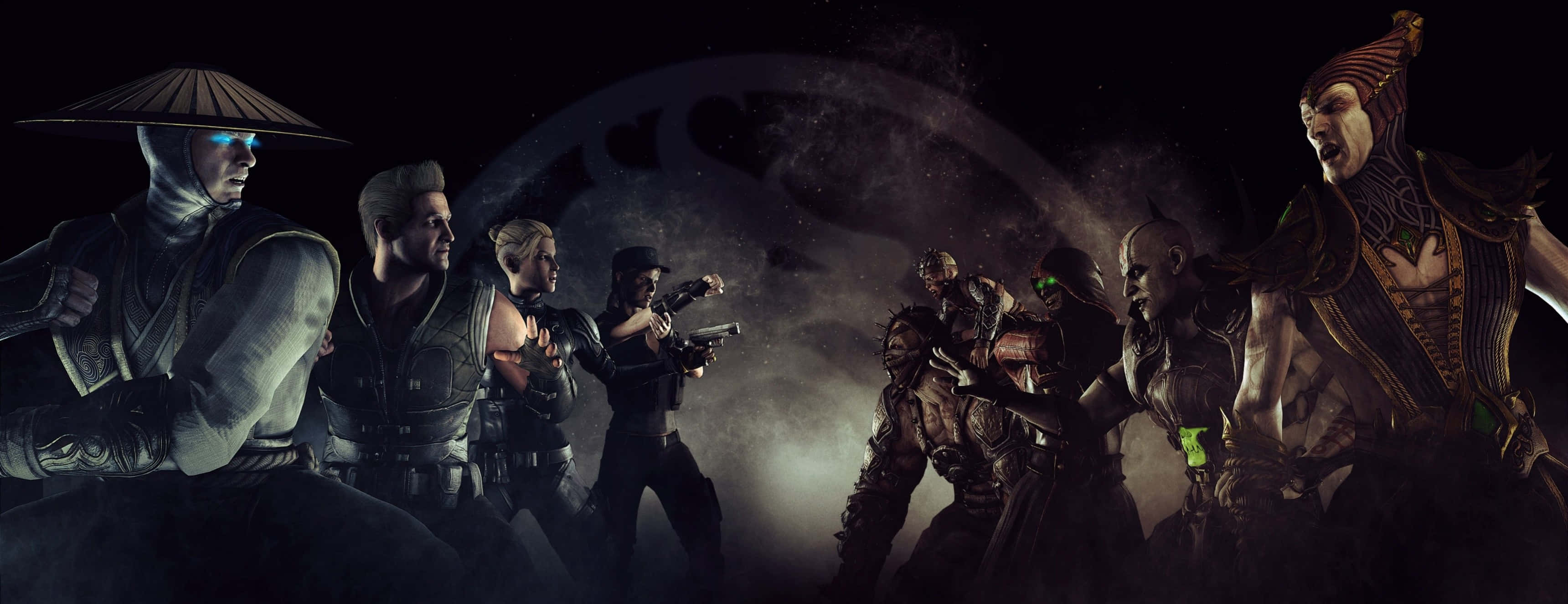 電玩遊戲 桌布 壁紙 — 來自《Mortal Kombat》的風格化戰士們排成戲劇性的陣容，準備在宇宙背景下戰鬥。