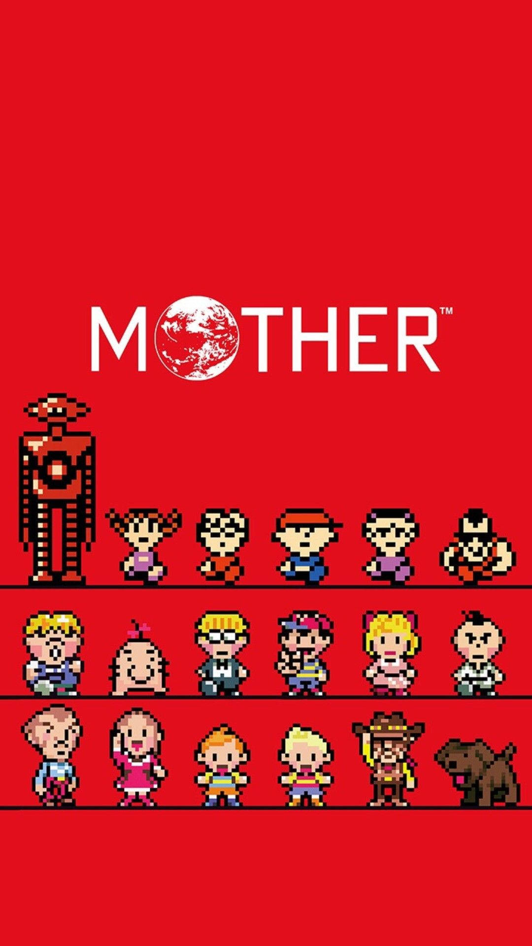 地球冒險 桌布 壁紙 — 來自《Mother》遊戲的像素藝術角色排列在純紅色背景上，上方有標題標誌。