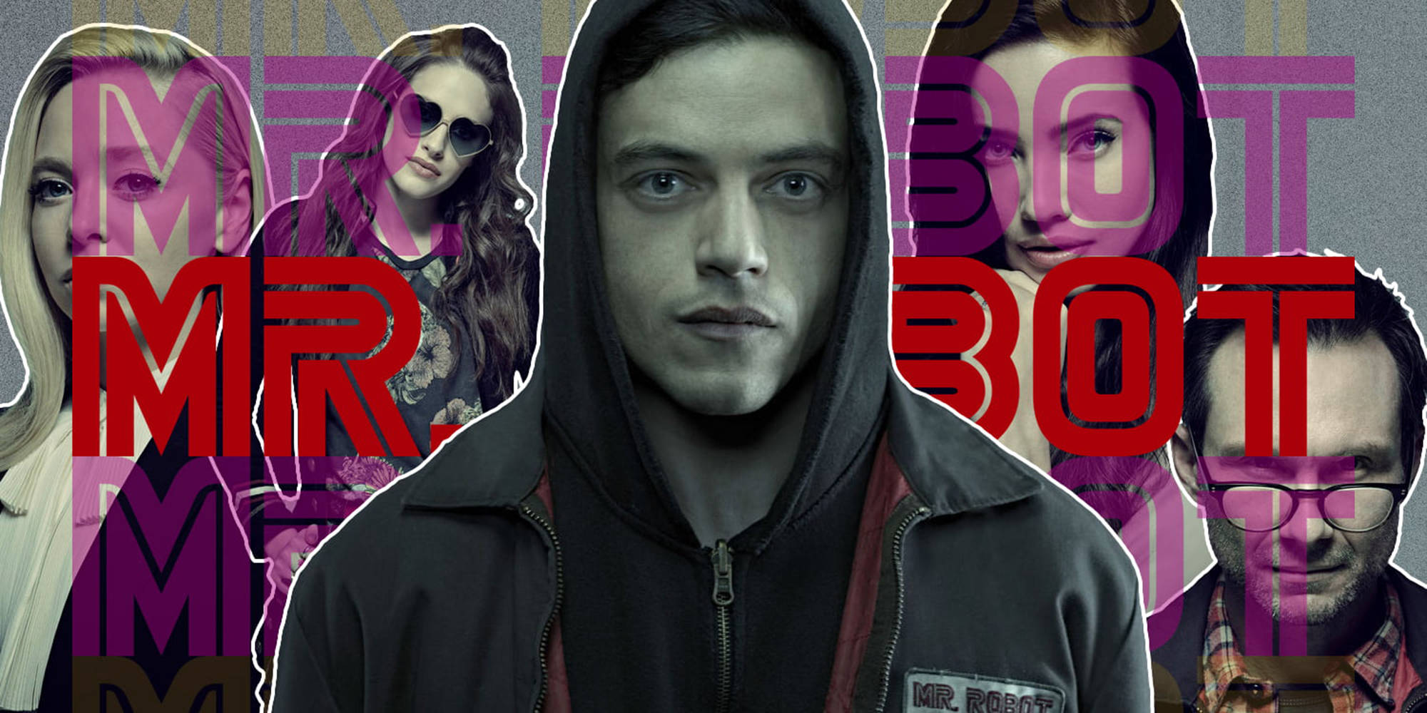 Mr Robot 桌布 壁紙 — 來自《Mr Robot》的角色拼貼，帶有粗體紅色標題文字和紫色故障效果。