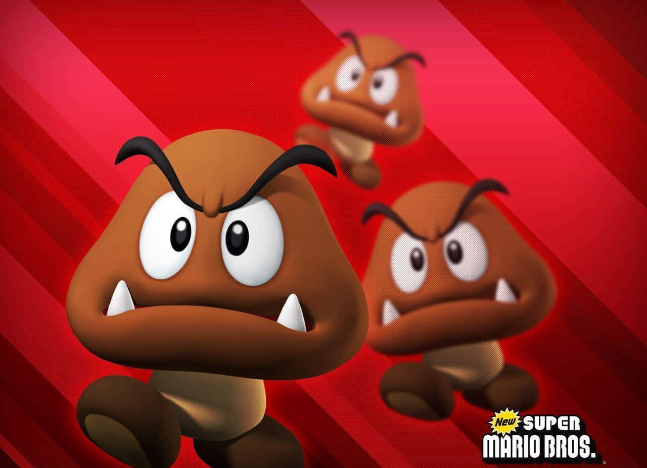 Goomba 桌布 壁紙 — 來自《New Super Mario Bros.》的三個憤怒栗寶寶敵人，在動態紅色斜線背景上向前衝刺。