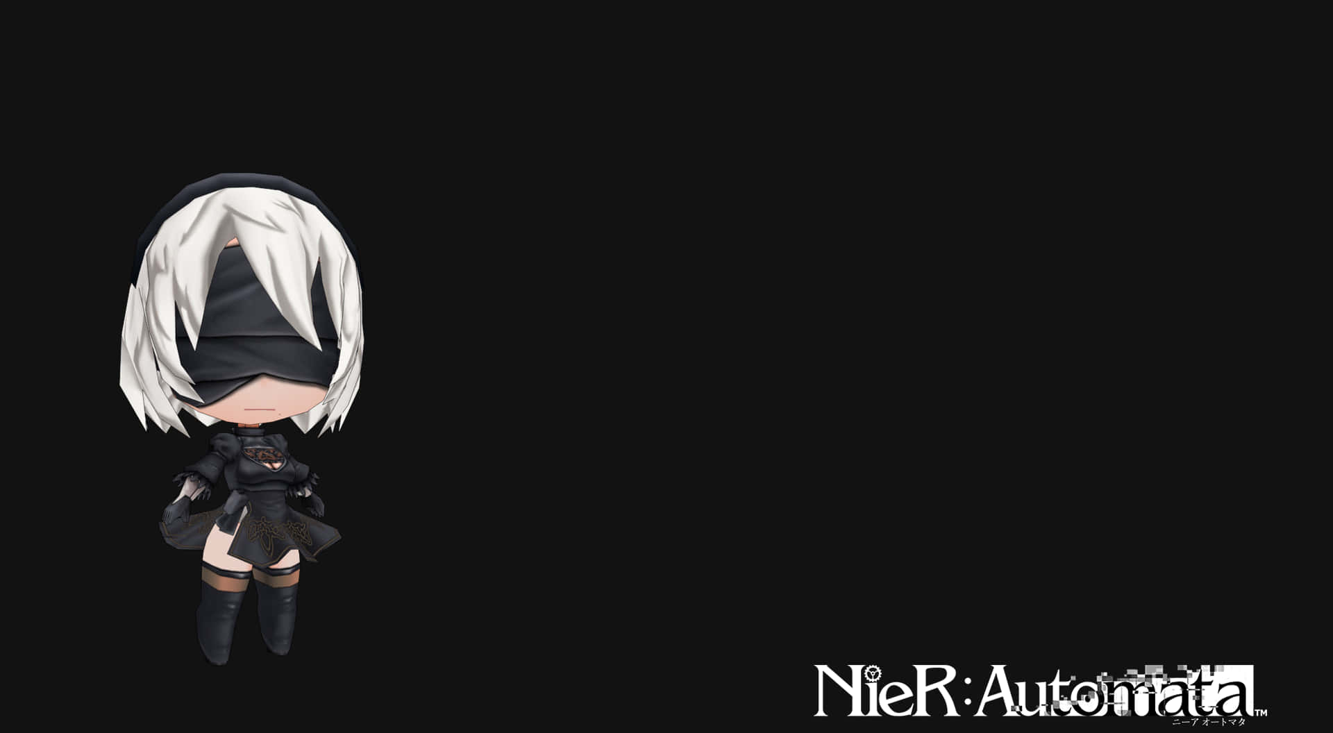 2B 桌布 壁紙 — 來自《NieR Automata》的Q版2B獨自站在純黑色背景前，遊戲標誌清晰可見。