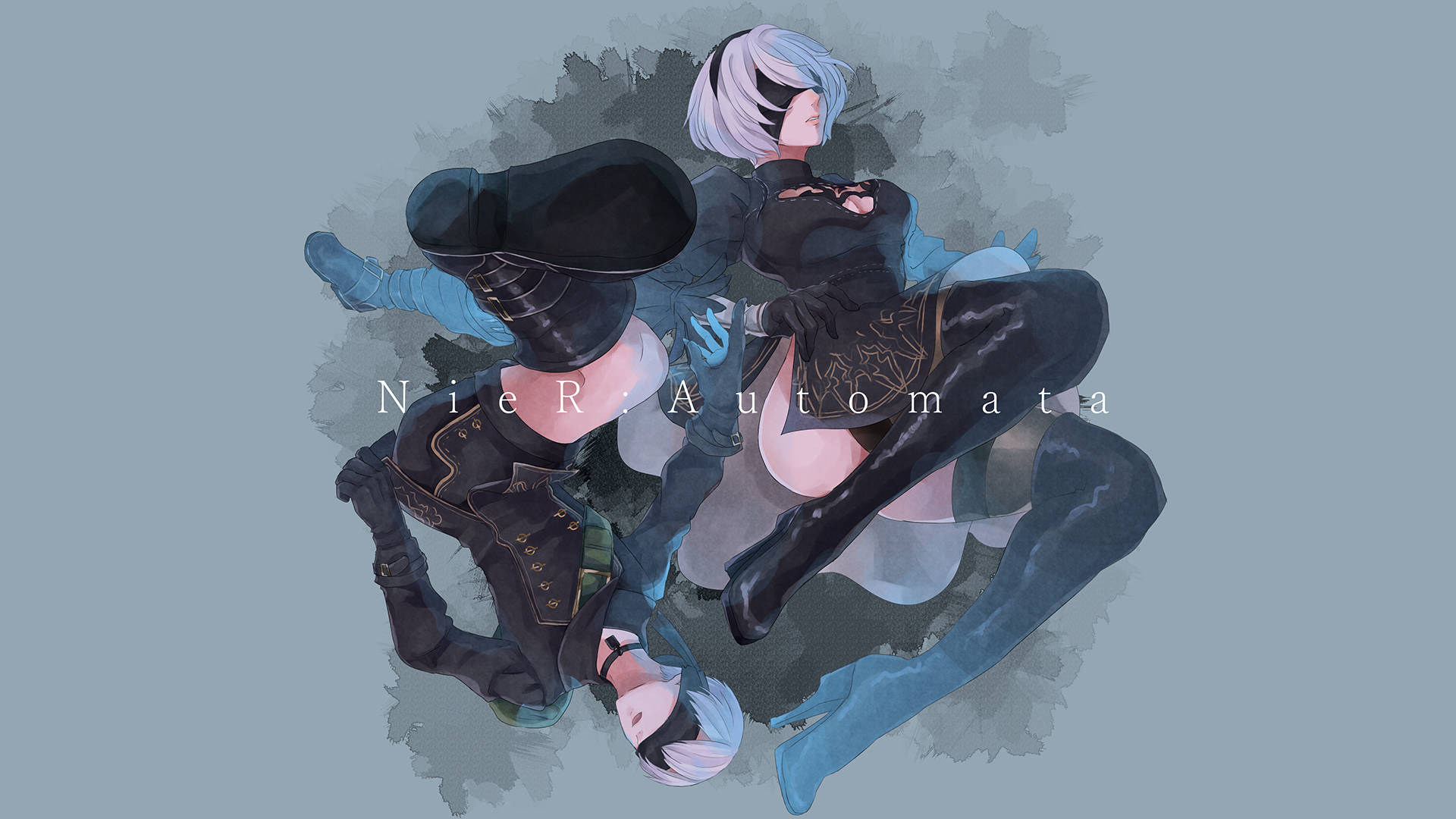2B 桌布 壁紙 — 來自《NieR Automata》的兩個動漫角色，在帶有水彩紋理的柔和灰色背景上擺出動態姿勢。