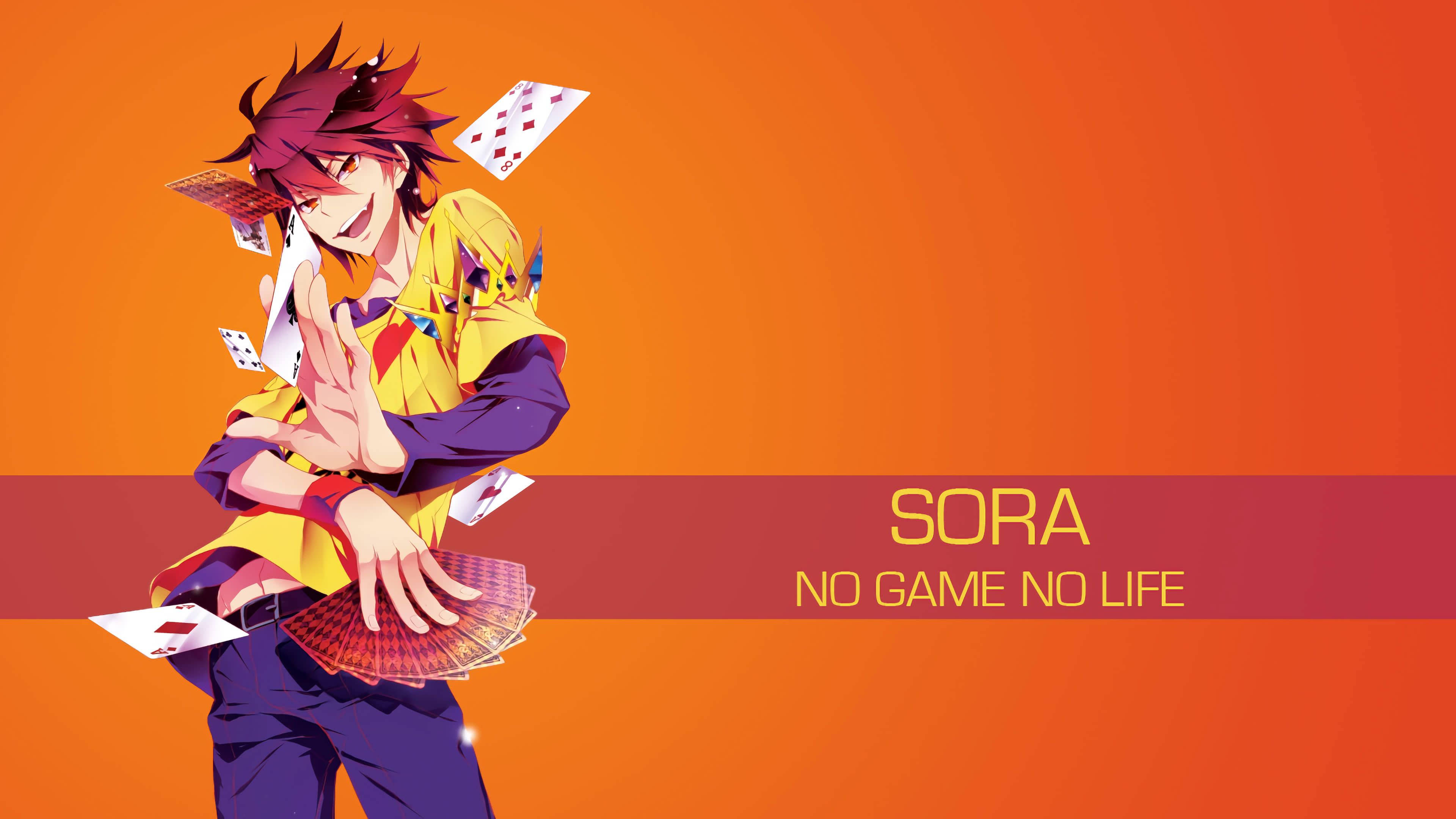 動漫男孩 桌布 壁紙 — 來自《No Game No Life》的動漫角色空，在充滿活力的橙色漸變背景前，一邊雜耍撲克牌，一邊露出頑皮的笑容。