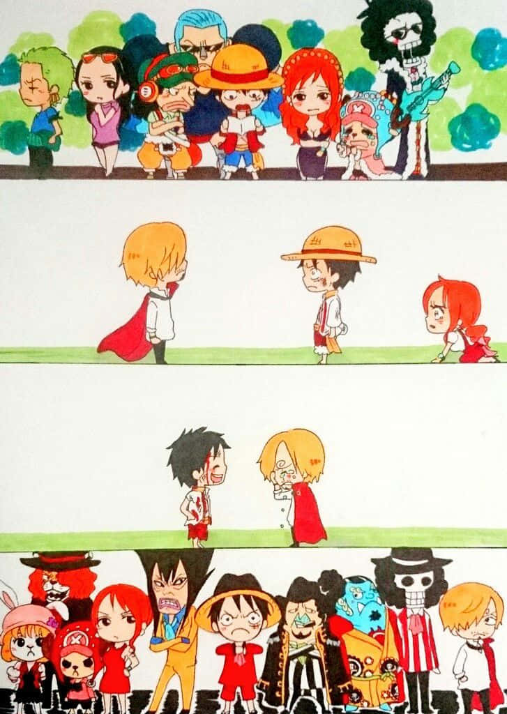 Whole Cake Island 桌布 壁紙 — 來自《One Piece》的Q版動漫角色以四行排列，表情豐富，穿著色彩繽紛的服裝，背景為簡單的綠色。