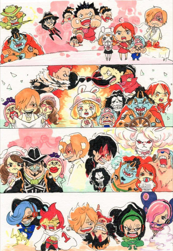 Totto Land 桌布 壁紙 — 來自《One Piece》的Q版動漫角色，以四個動態漫畫面板呈現，色彩大膽，表情豐富。