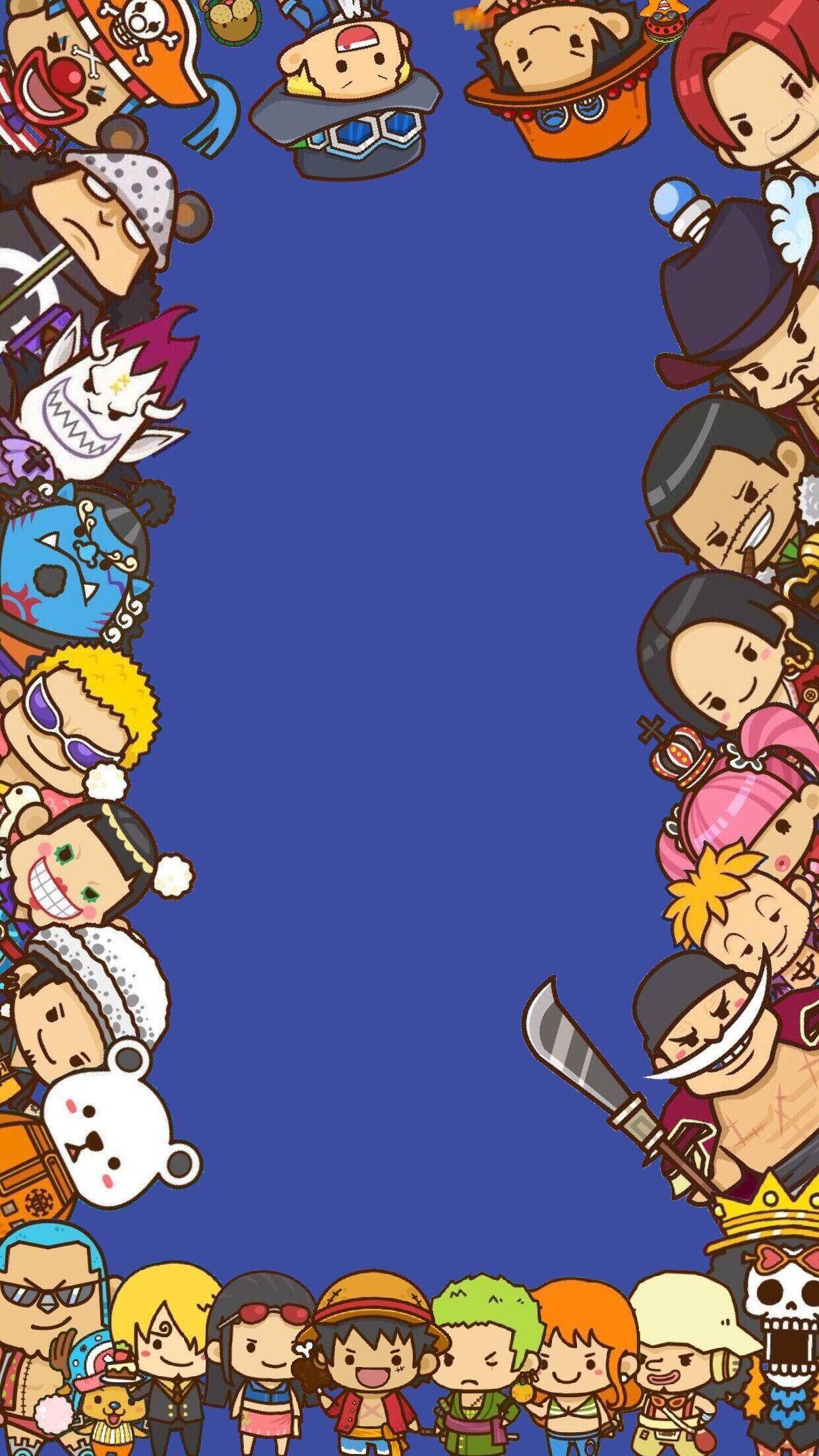 One Piece Phone 桌布 壁紙 — 來自《One Piece》的Q版動畫角色以俏皮表情和海盜主題配件框住藍色背景。