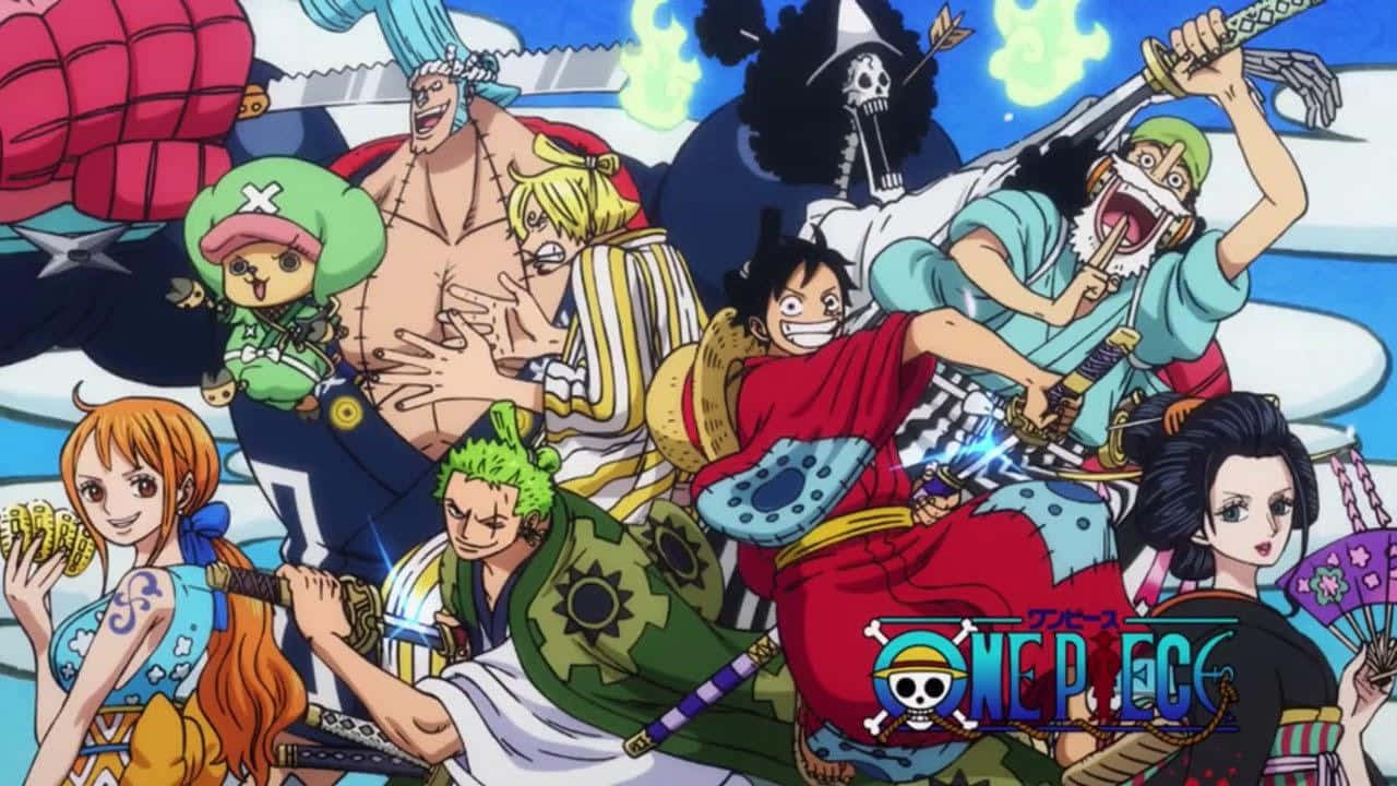 索隆 桌布 壁紙 — 來自《ONE PIECE》的一群動漫海盜，在明亮的藍天下手持劍和寶藏愉快地擺姿勢。
