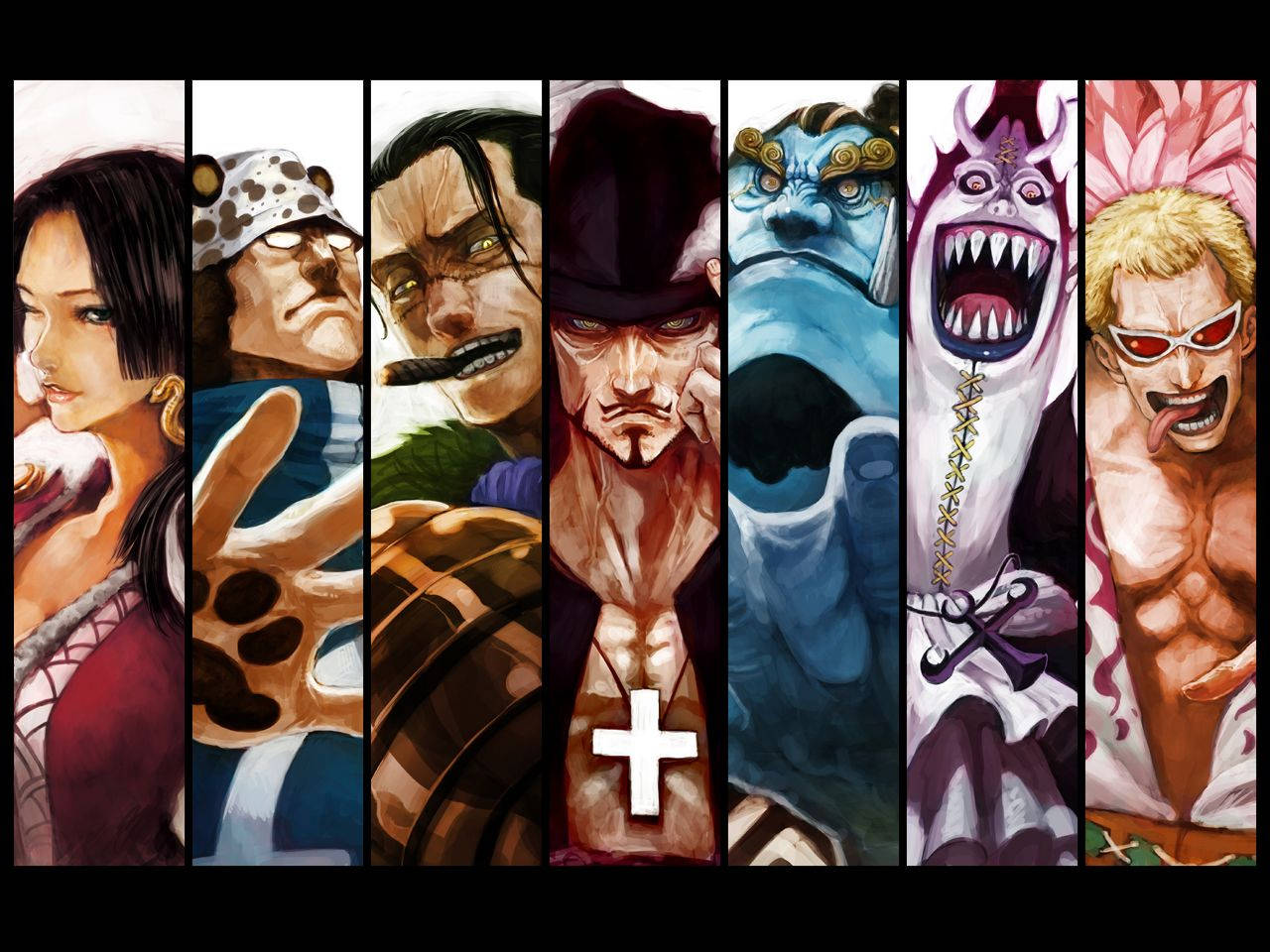 Cute Baddie 桌布 壁紙 — 來自《One Piece》的七個強烈動漫角色以戲劇性的表情和鮮豔的色彩垂直排列。