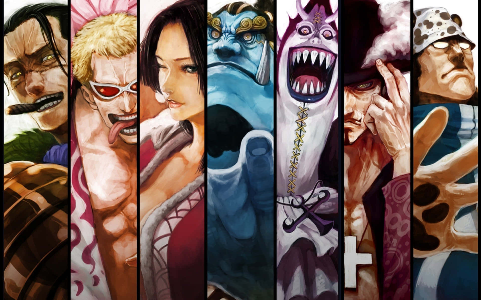 來自《One Piece》的七個強烈動漫角色，以垂直肖像面板展示。 — 動漫角色 GIF 壁紙