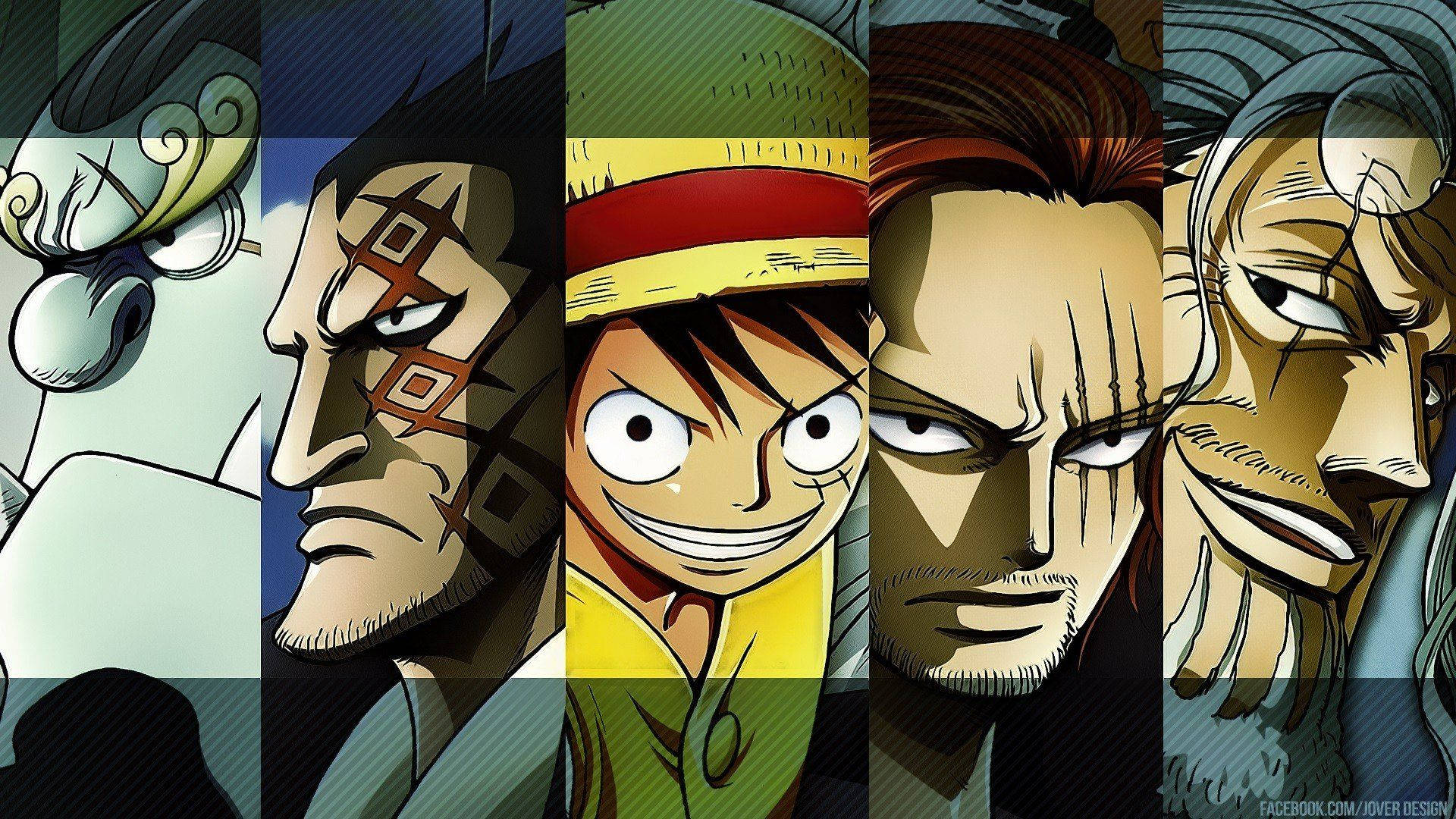 monkey d dragon 桌布 壁紙 — 來自《One Piece》的五個動漫角色以側面輪廓呈現，表情強烈，陰影大膽。