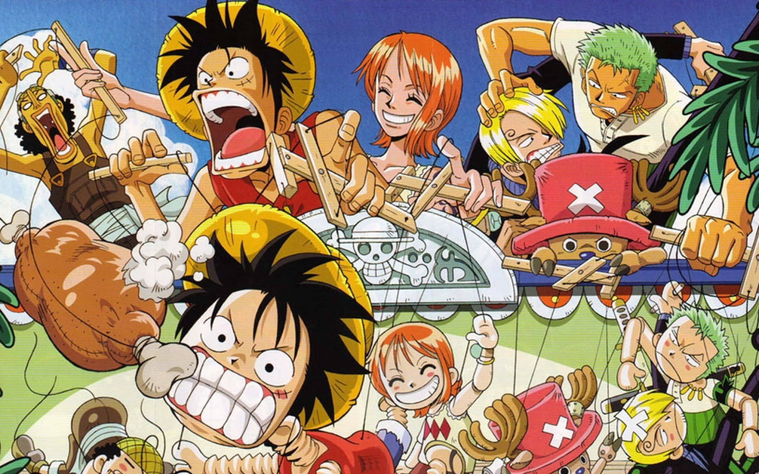 Water Seven 桌布 壁紙 — 來自《ONE PIECE》的充滿活力的動畫團隊在混亂的戰鬥場景中愉快地揮舞著木劍。