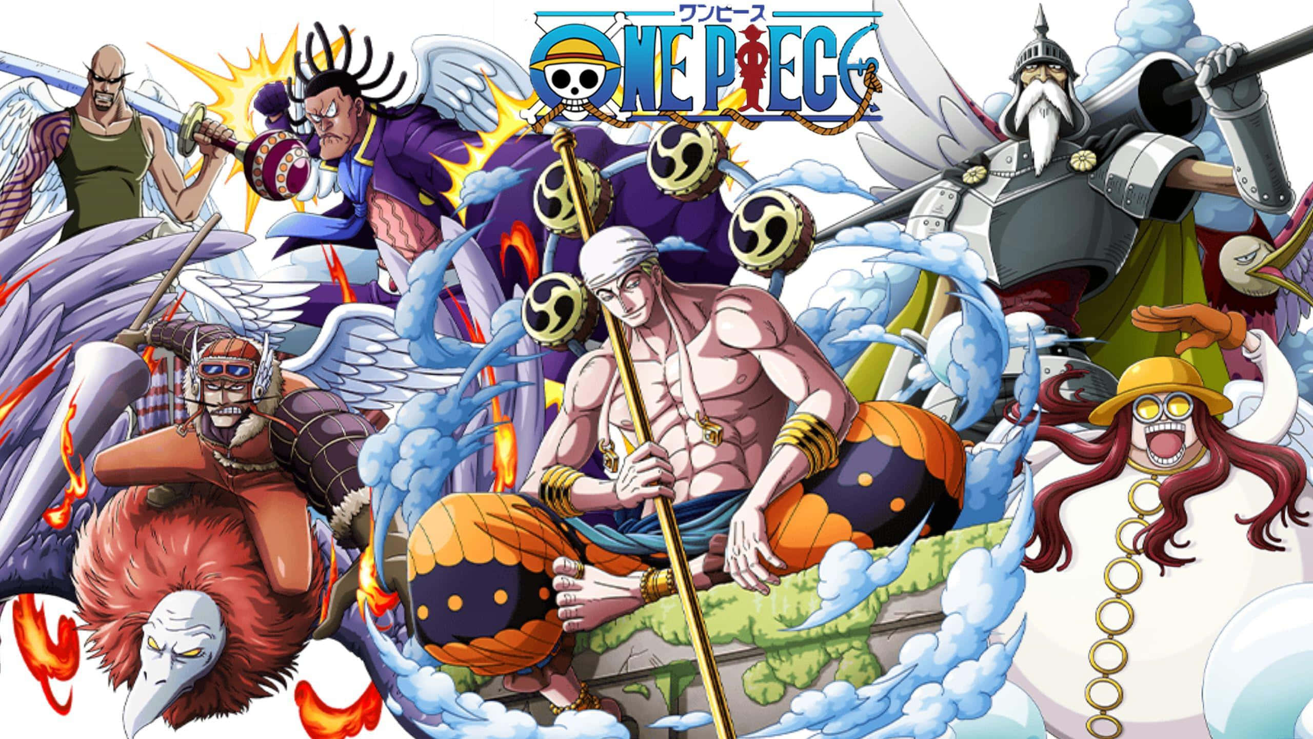 Skypiea 桌布 壁紙 — 來自《One Piece》的動態動漫角色在充滿活力的動作場景中碰撞，伴隨著火焰和冰凍效果。