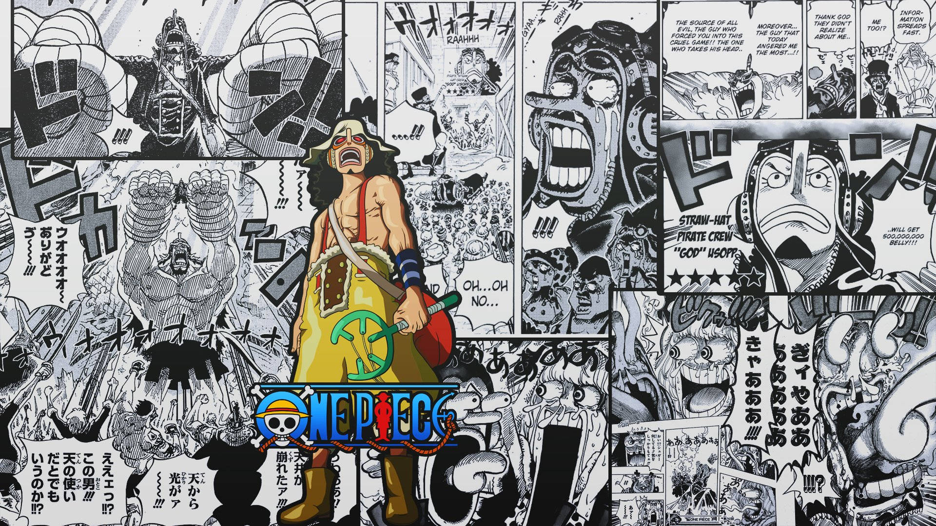 海賊王 4K 桌布 壁紙 — 來自《One Piece》的動態漫畫面板拼貼，魯夫穿著黃色背心，置身於激烈動作和表情豐富的角色之中。