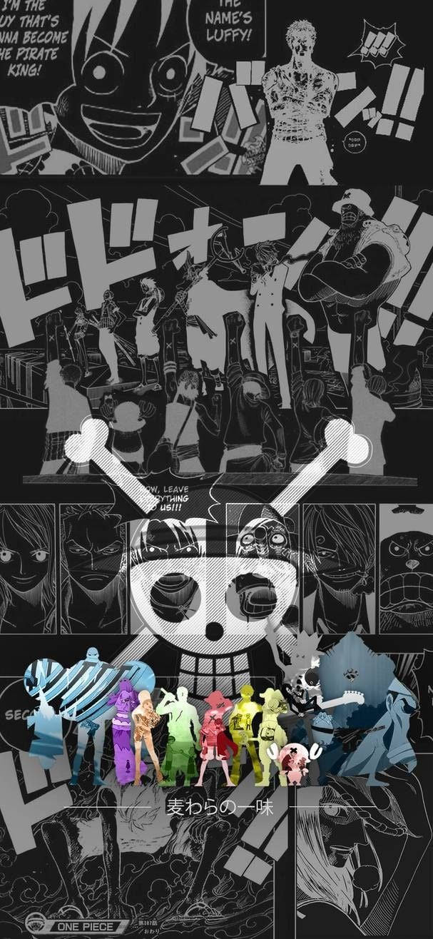 動漫 桌布 壁紙 — 來自《One Piece》的動態黑白漫畫面板，描繪魯夫和船員，帶有粗線條和對話氣泡。
