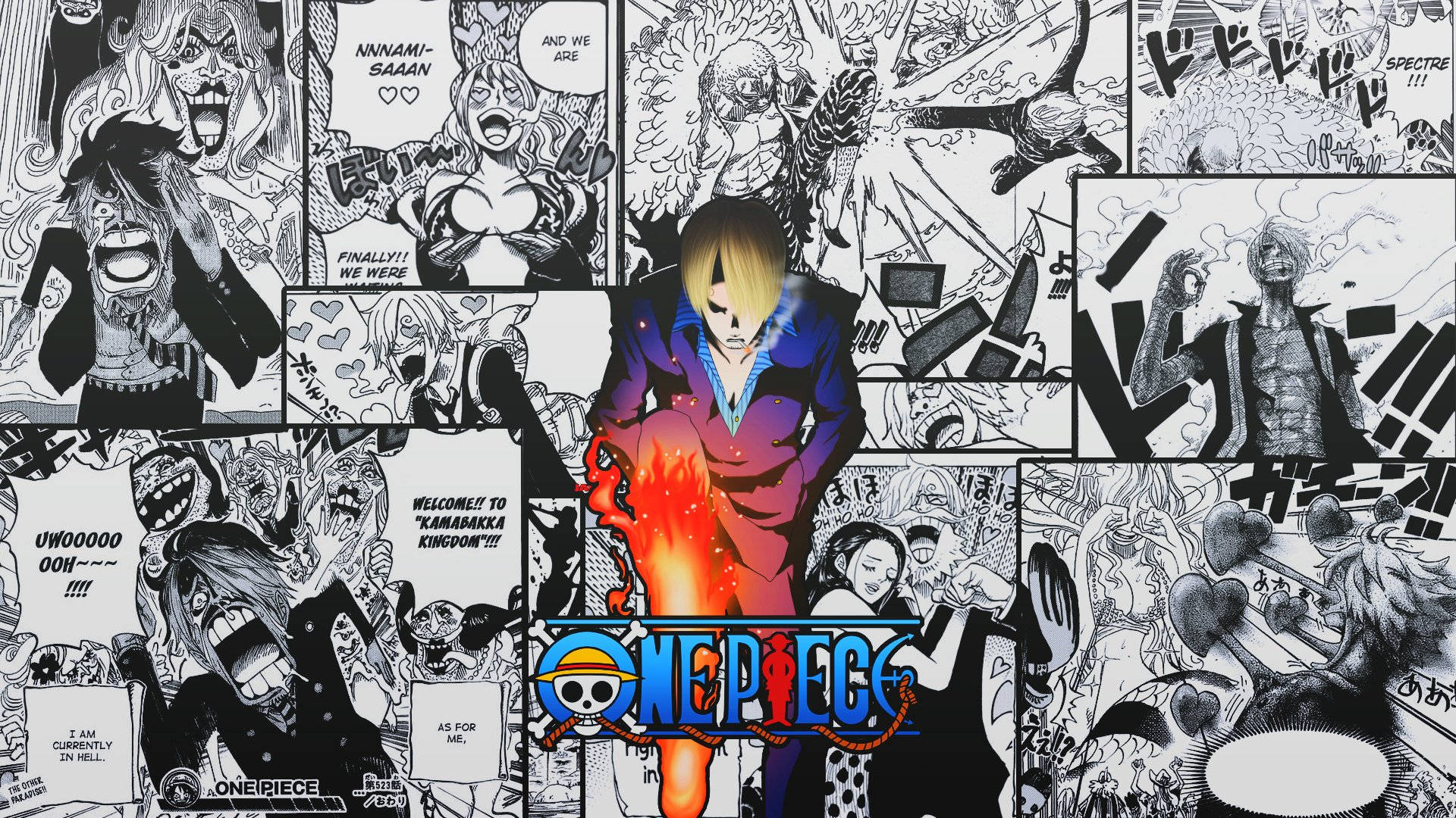 海賊王 4K 桌布 壁紙 — 來自《One Piece》的動態黑白漫畫拼貼，包含強烈的角色面板和一個中央火焰人物。
