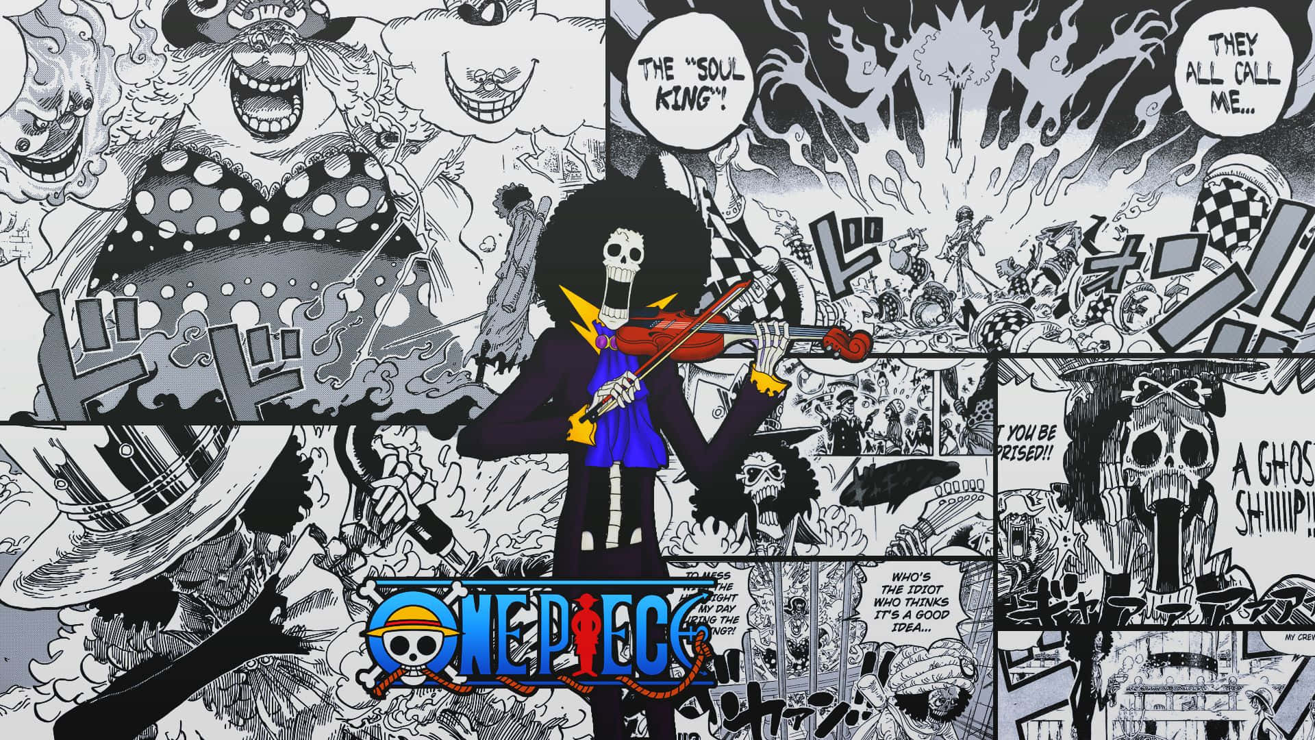 Brook 桌布 壁紙 — 來自《One Piece》的動態漫畫面板拼貼，描繪一個骷髏在混亂的幽靈角色和對話氣泡中拉小提琴。