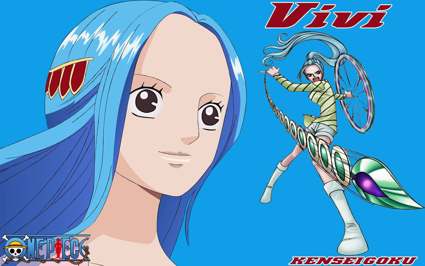 nefertari vivi 桌布 壁紙 — 來自《One Piece》的動畫角色 Vivi，藍色頭髮，手持腳踏車輪武器，背景為明亮的藍色。